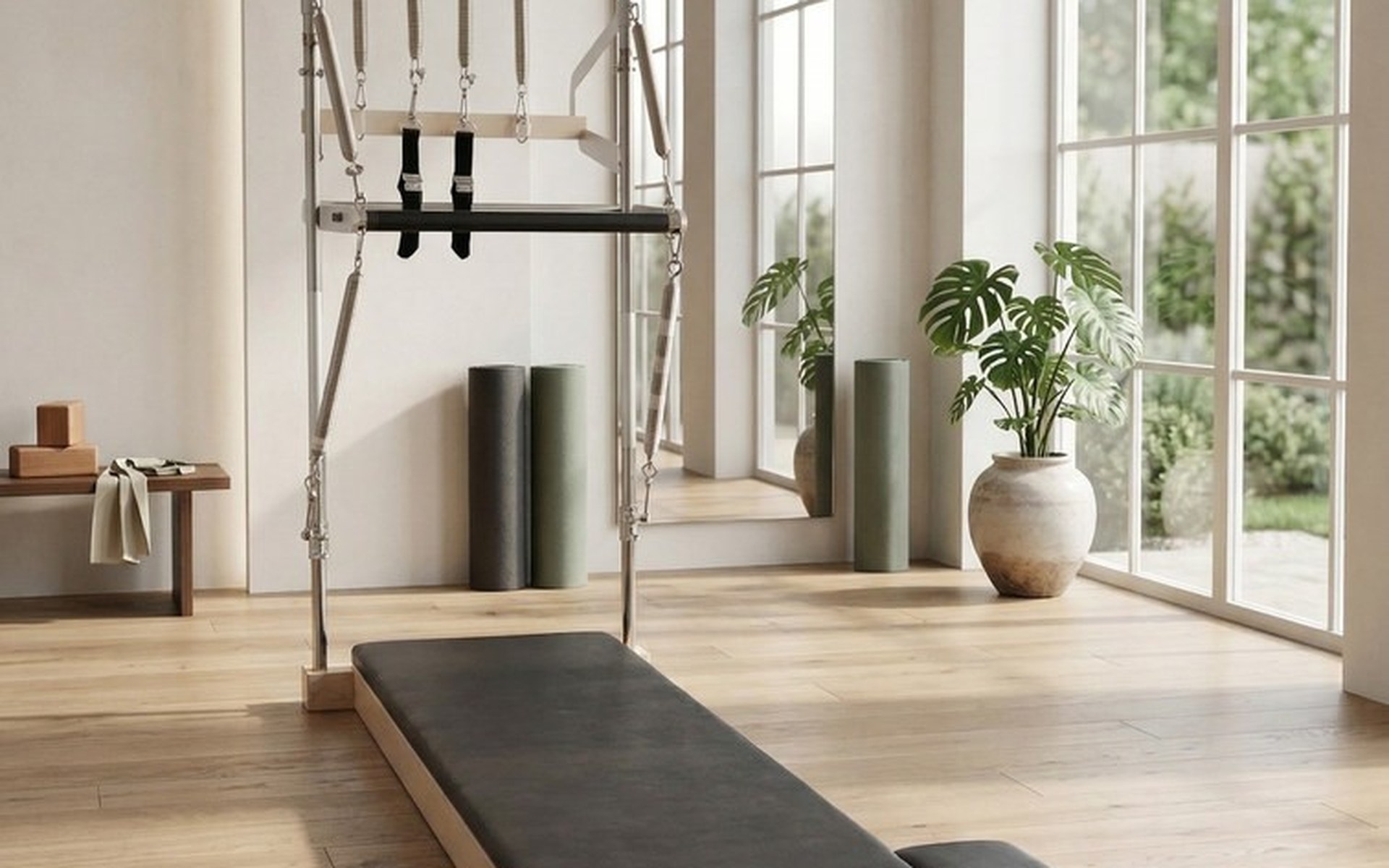 Unité murale Intégrale — Érable, équipement de studio Pilates en érable dans un studio de Pilates professionnel