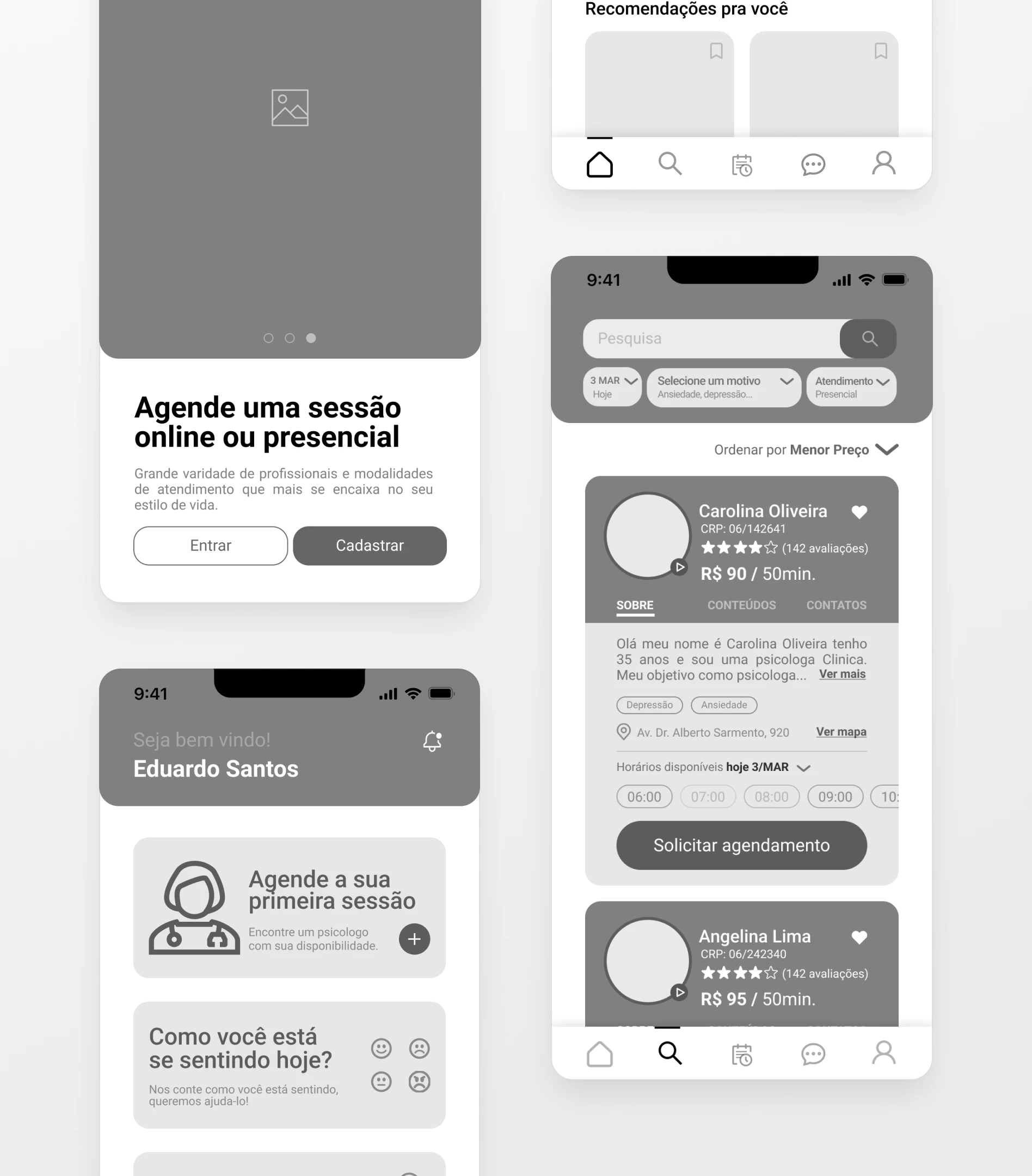 Medium-fidelity mockup showing an onboarding, and scheduling screens.