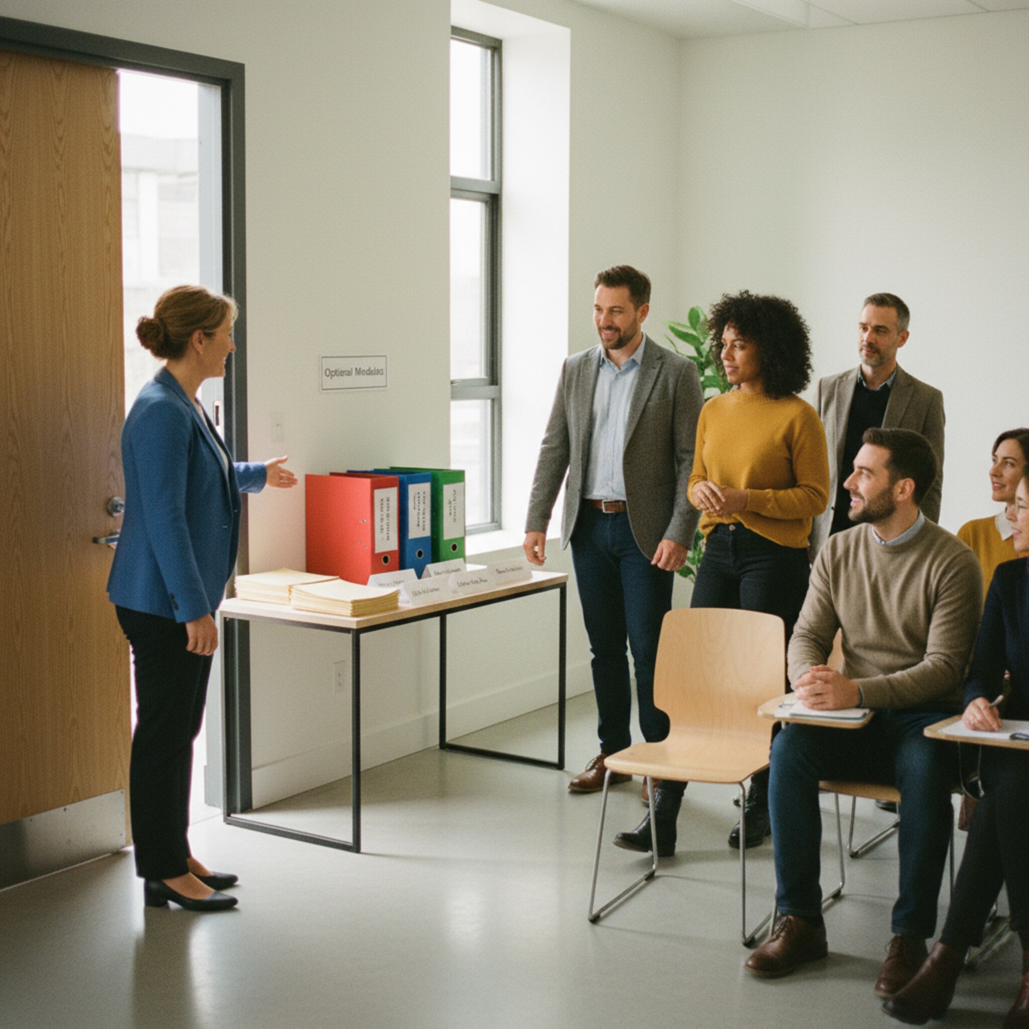 Direkt am Kursbeginn begrüßt die Kursleitung die Gruppe an der Tür, nennt Namen und weist Plätze zu. Auf einem kleinen Tisch liegen vorbereitete Unterlagen und Zusatzmaterialien für optionale Module. Die Stimmung ist aufmerksam und freundlich, Zusatzangebote sind klar sichtbar und greifbar.