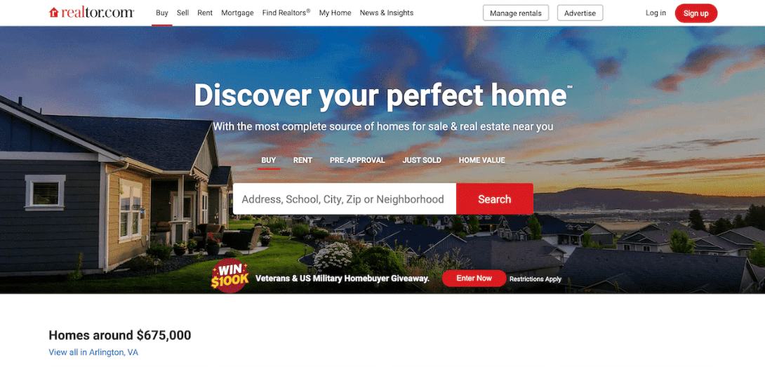 real estate landing page example from Realtor.com