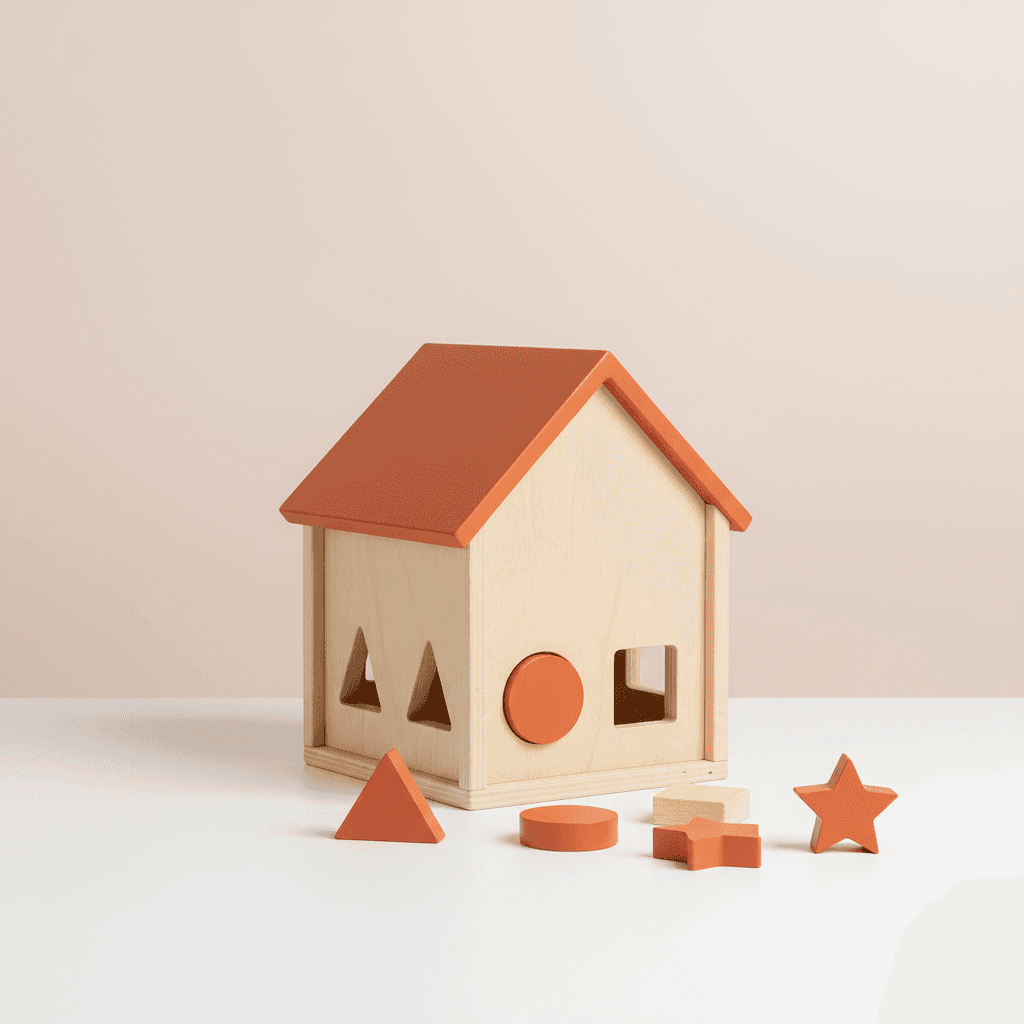 Montessori-style wooden shape sorter house with a terracotta-colored roof and natural geometric blocks.