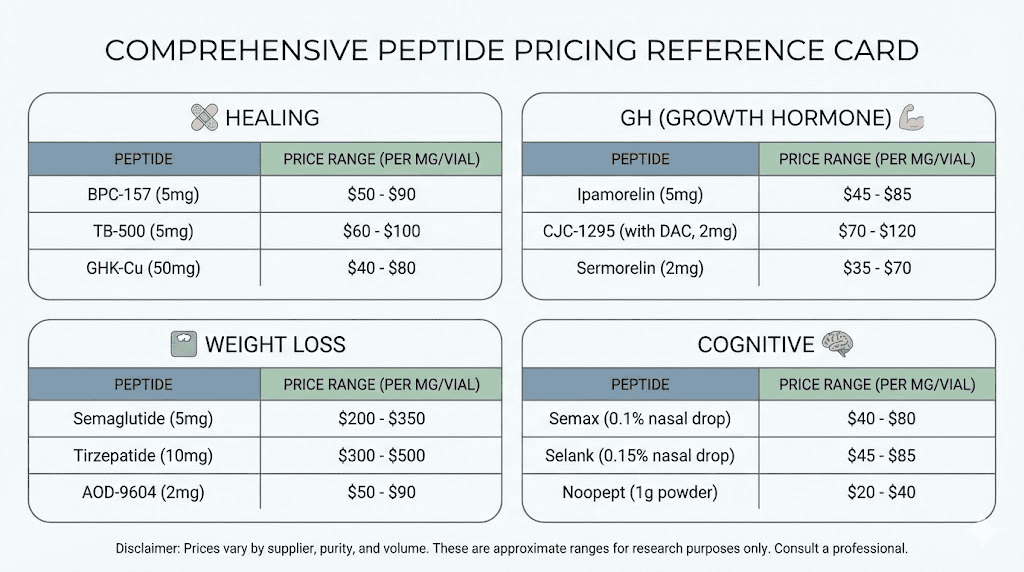 Complete peptide cost reference guide by category