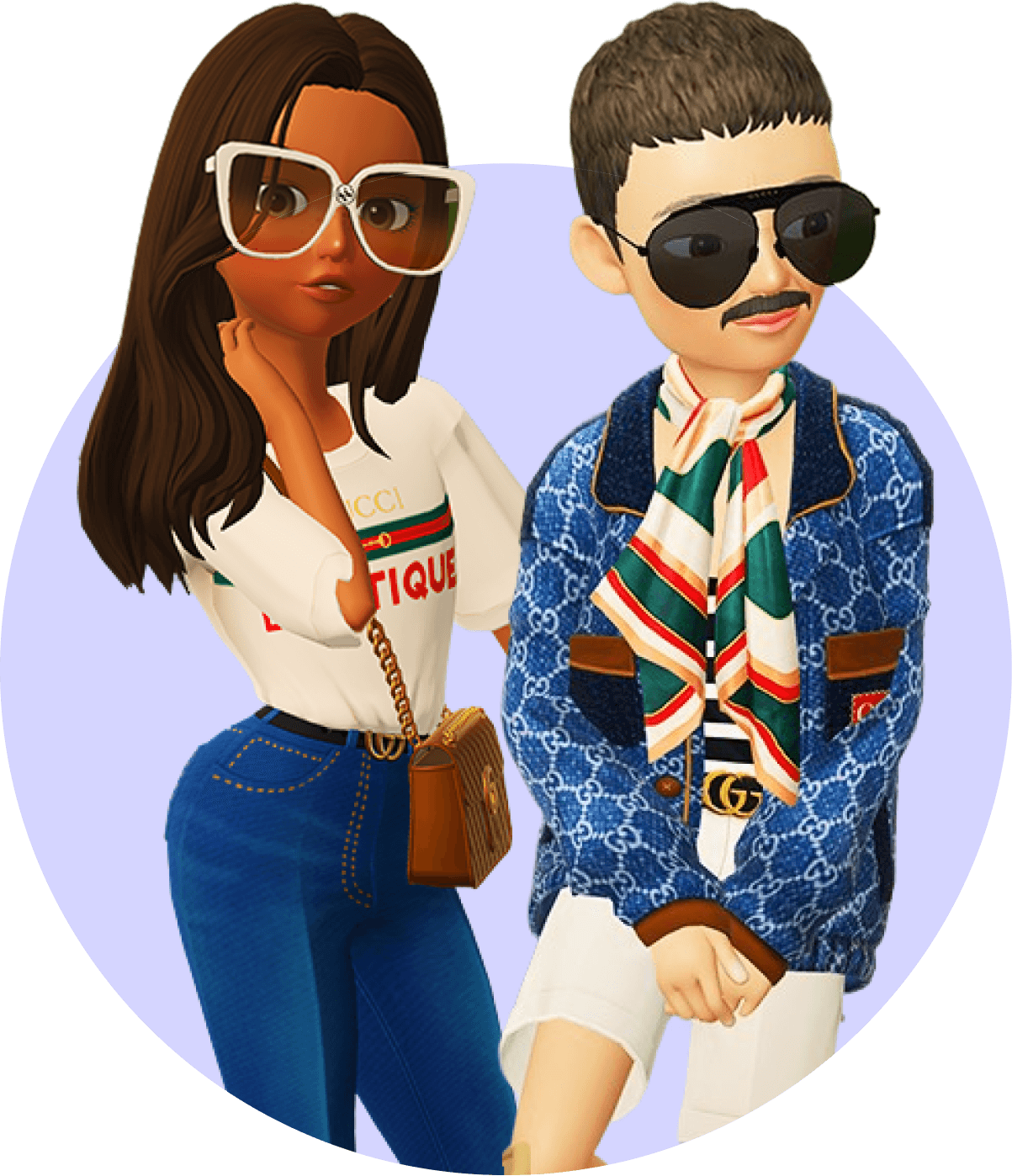 Two cartoon people in matching designer outfits