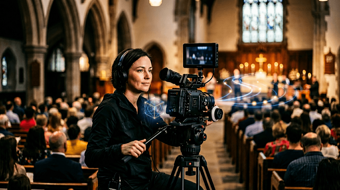 A camera womean streaming. alive church sermon