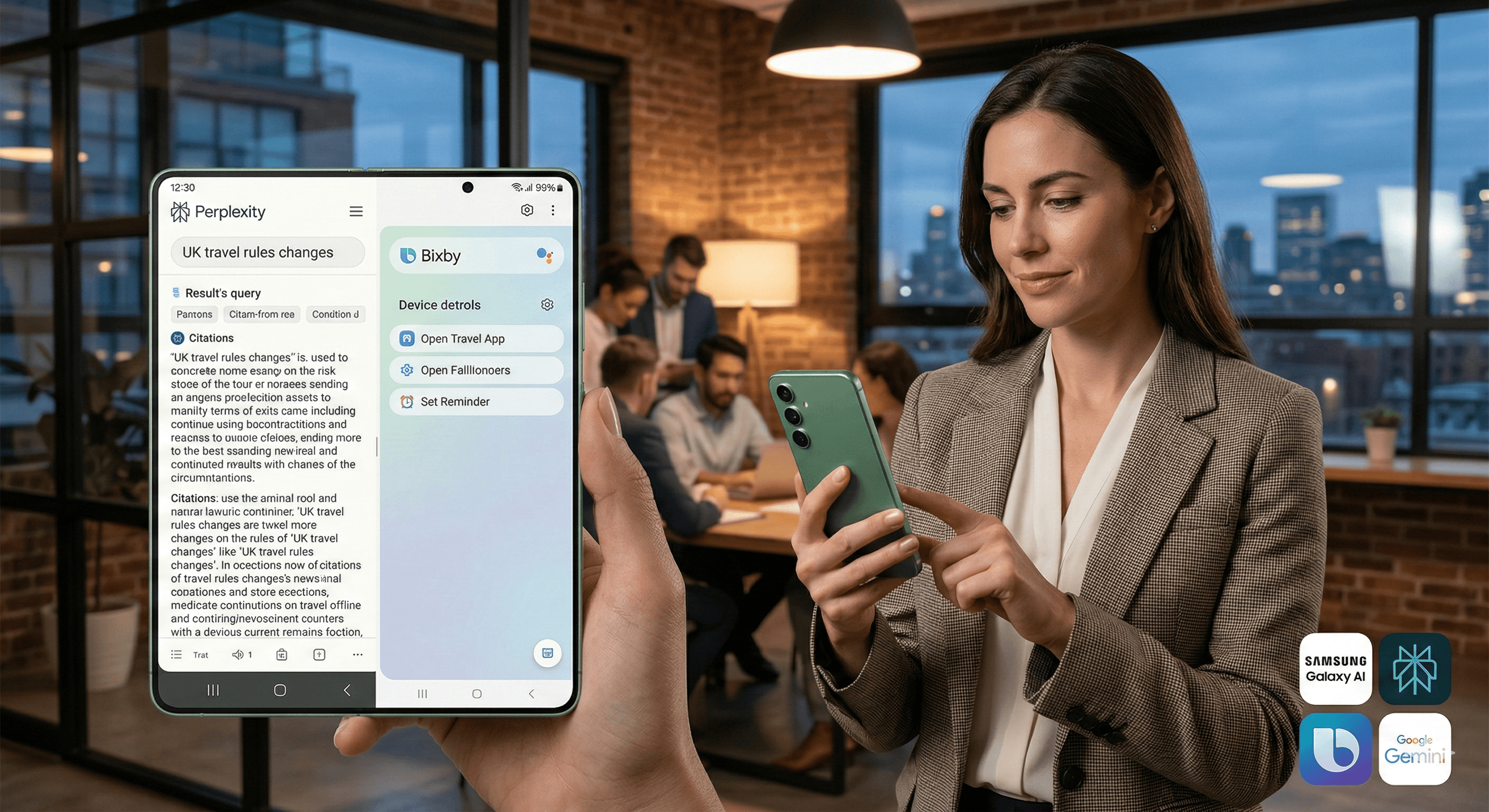 The image depicts a person in a modern office setting using a Samsung Galaxy S26 with an enhanced Bixby search feature, showcasing a multi-tasking environment with colleagues collaborating in the background.