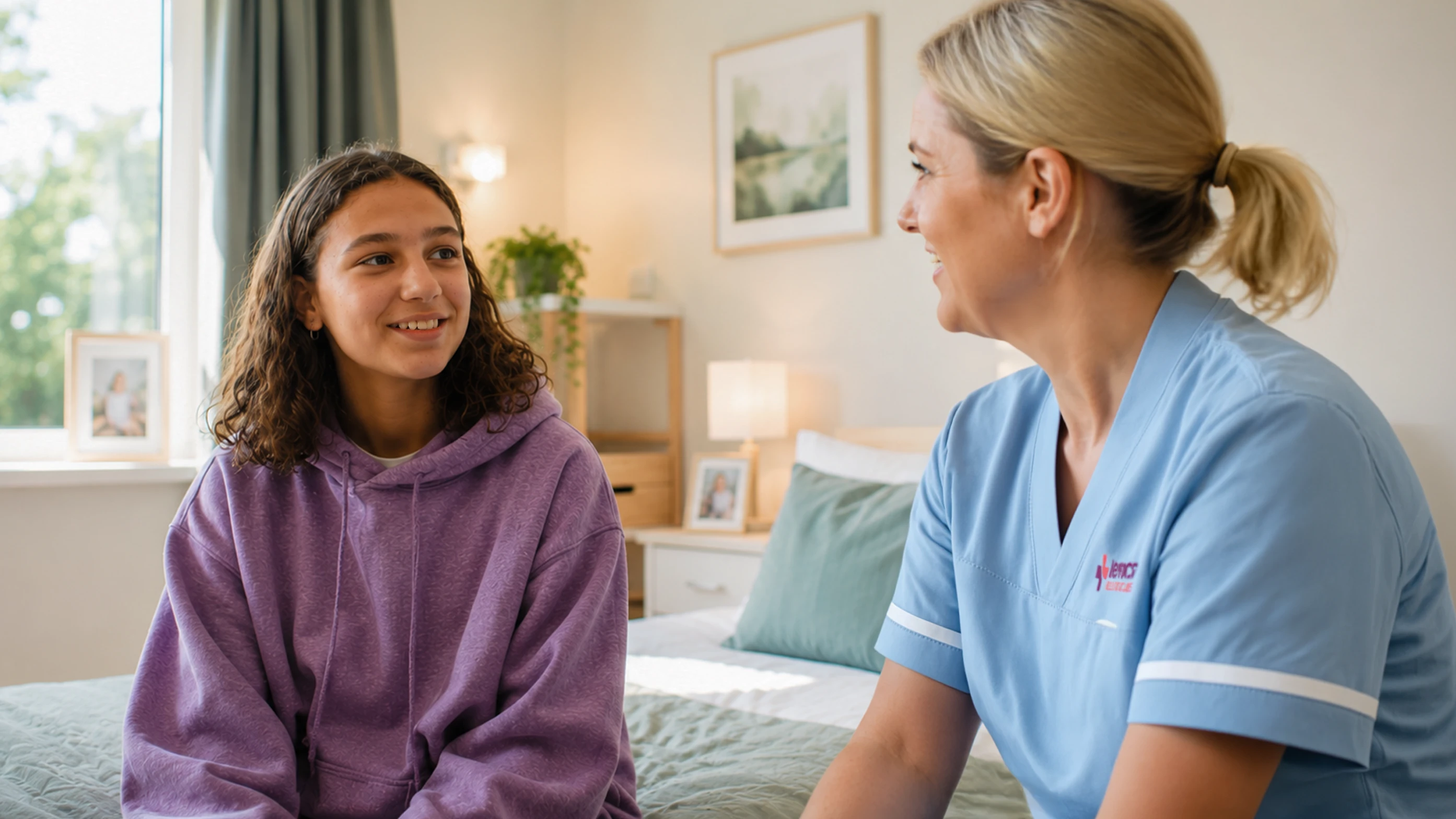 Support worker smiling and talking with a young person residential childcare home