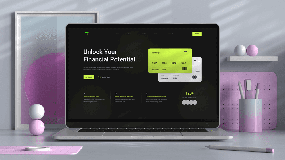 Trillioni Bank website interface mockup highlighting digital banking services and user-friendly dashboard.