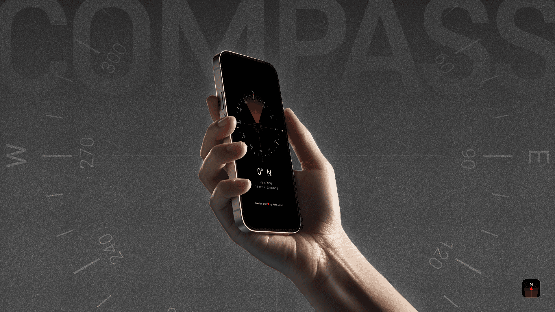 Hand holding a phone where compass app is shown
