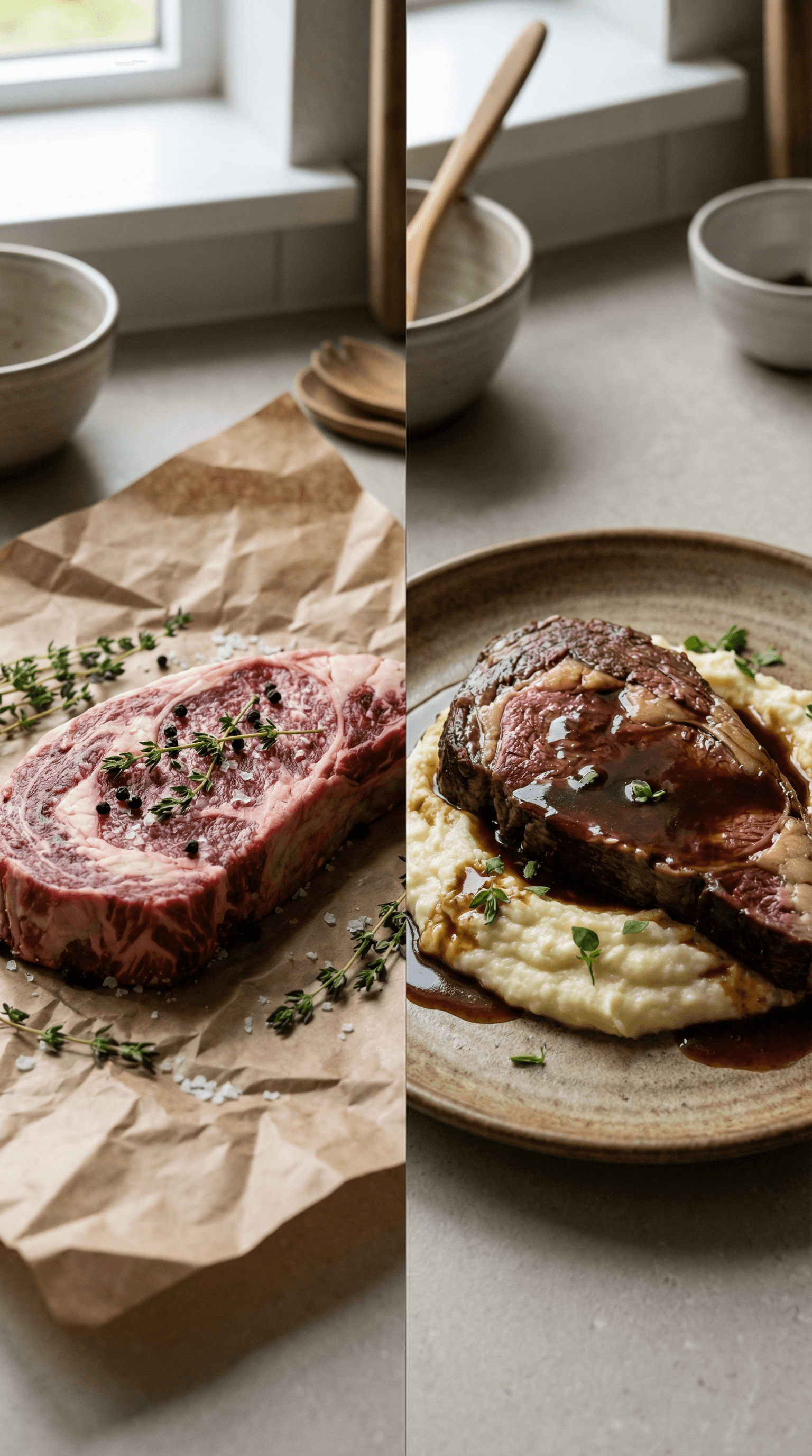Diptych showing raw steak on butcher paper beside cooked steak with gravy on mashed potatoes.
