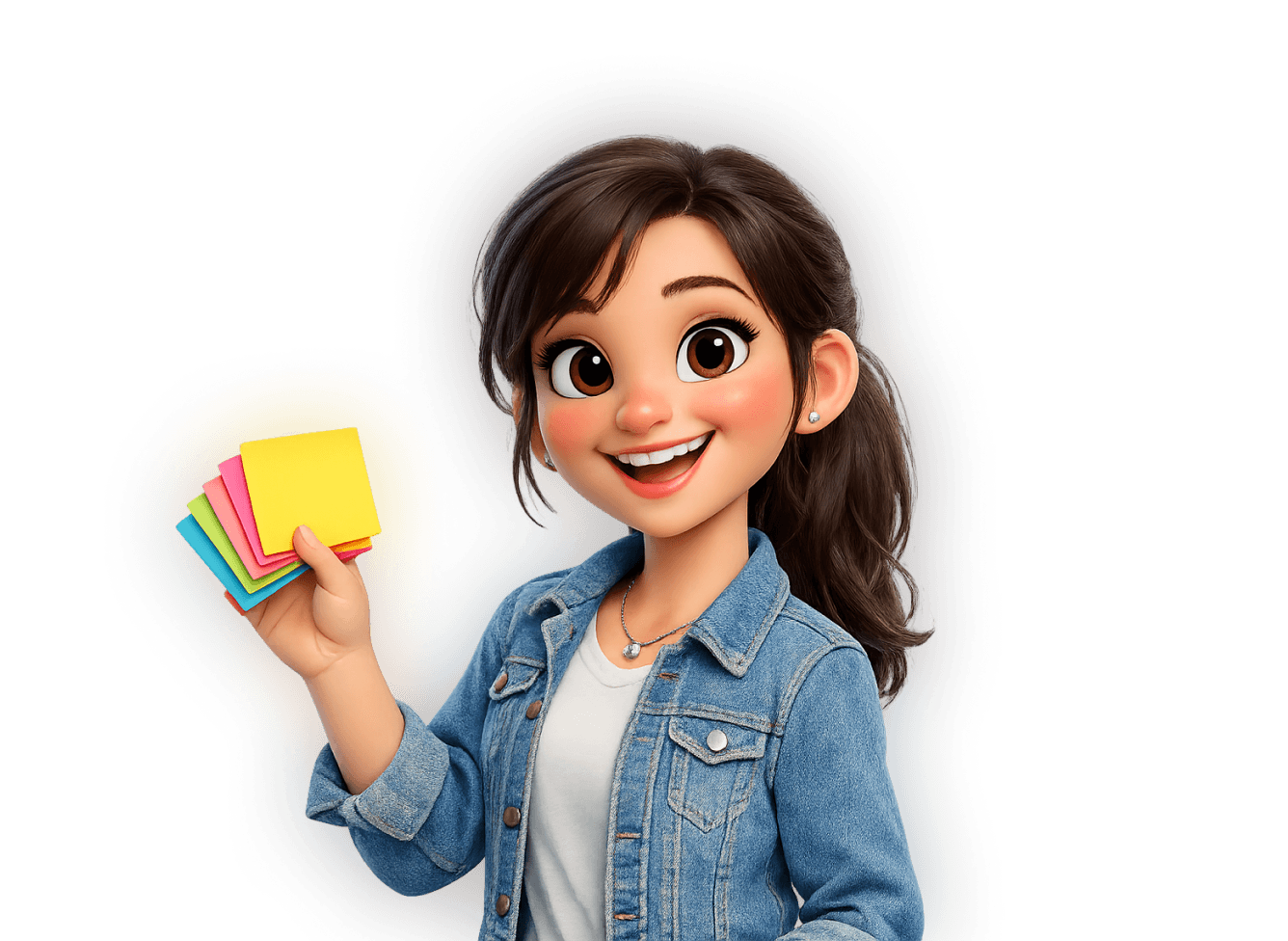 Illustration of a smiling young woman holding a stack of colorful sticky notes, wearing a denim jacket and ponytail.