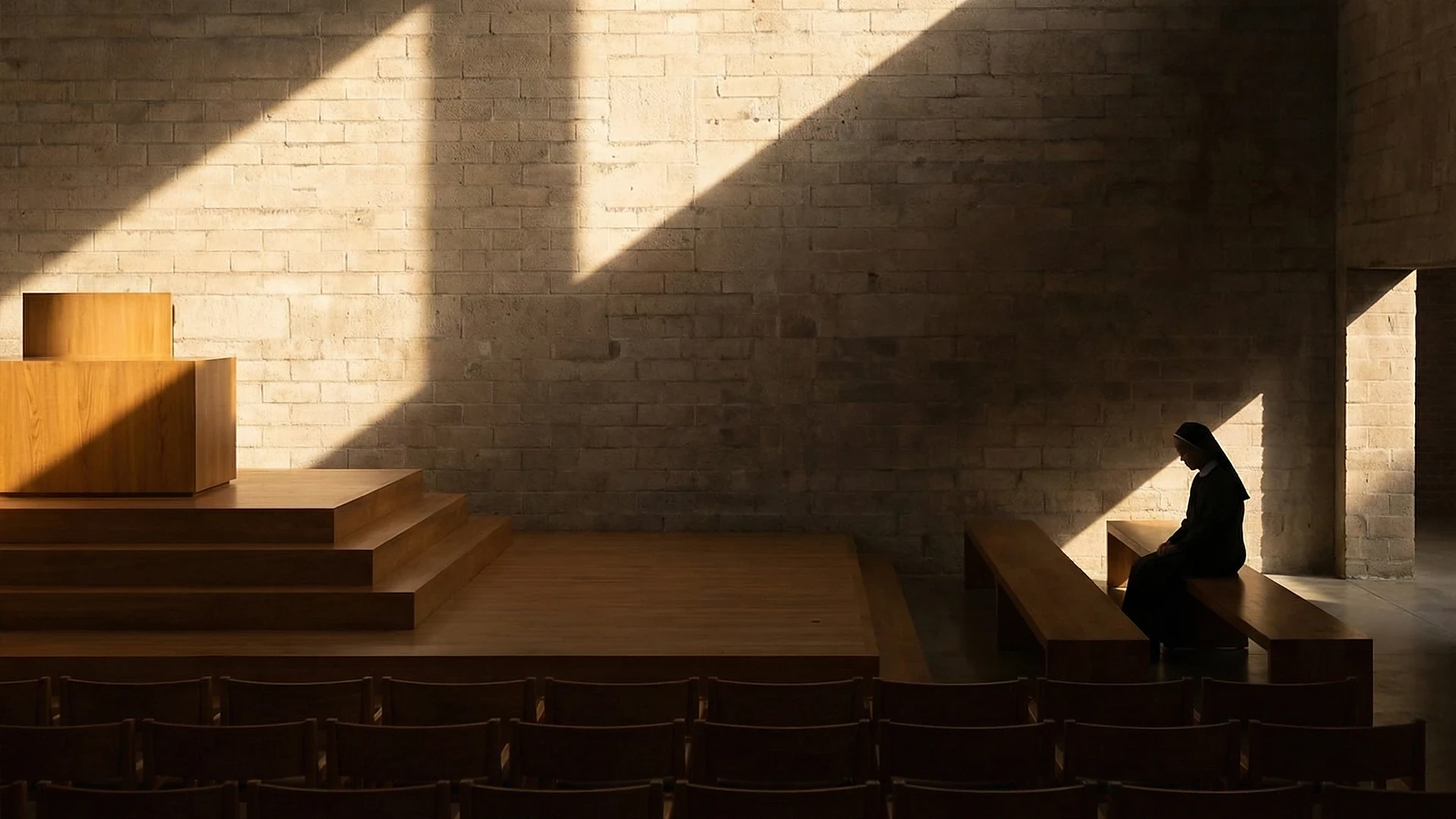 Warm interior with raking light across concrete walls — Dominican Motherhouse I visualization