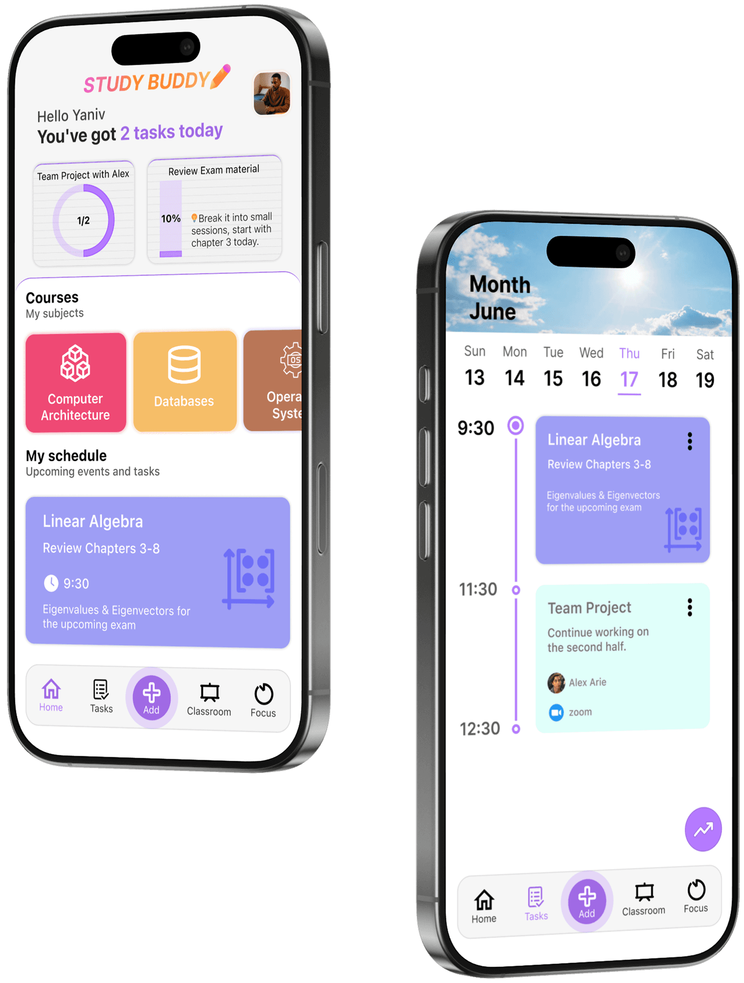 Study buddy app screens
