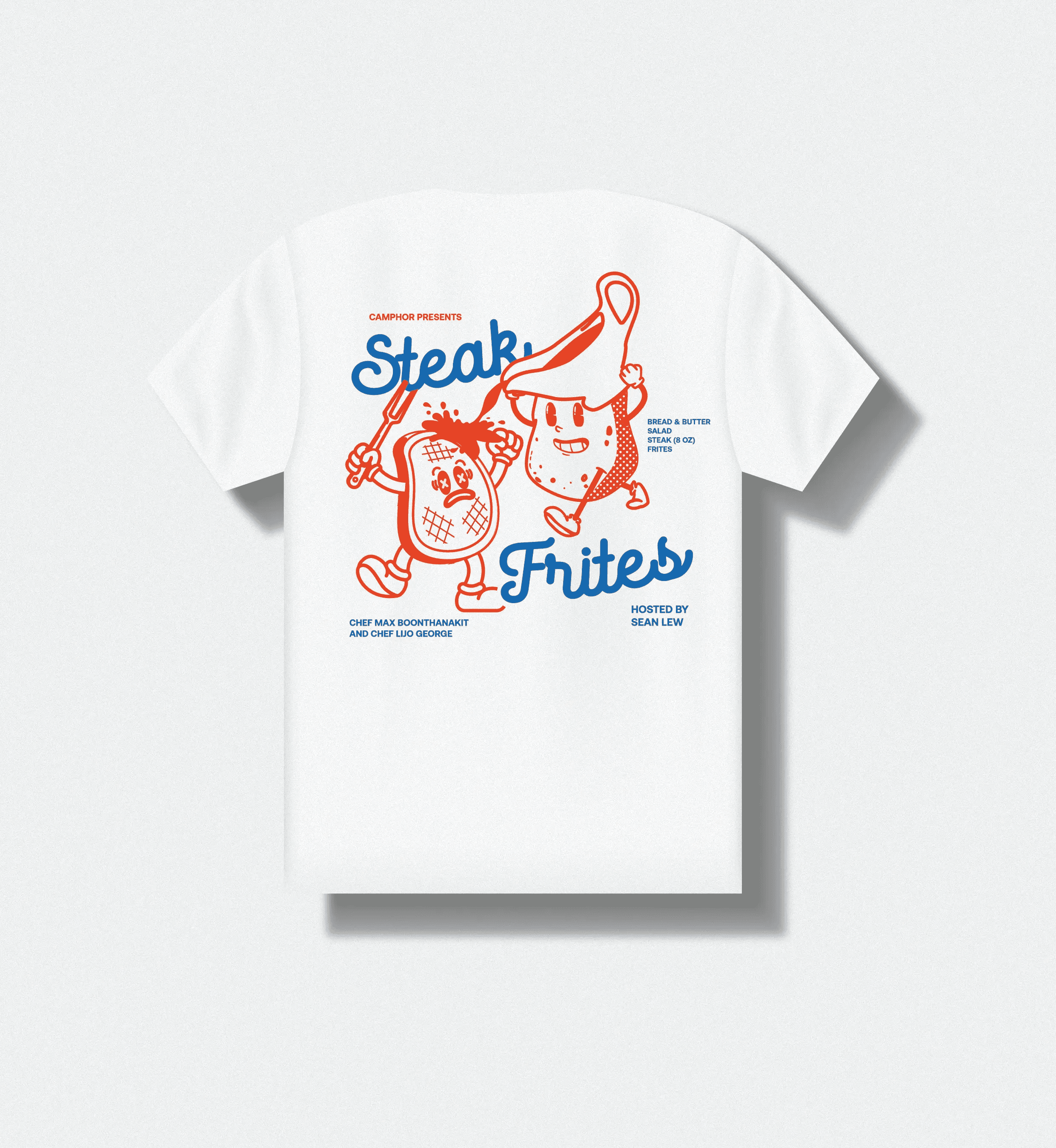 The back of the shirt depicting the characters of the frites as it's pouring down sauce onto the steak in a fight