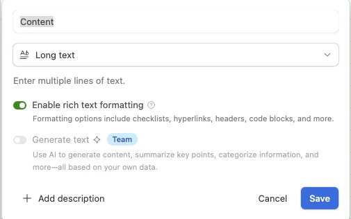 Airtable content entry interface showing 'Long text' field type, rich text formatting toggle, and AI-powered text generation option. Key component in Lucas Ostrowski's automated X posting system, integrating Airtable with Make.com for efficient social media management.