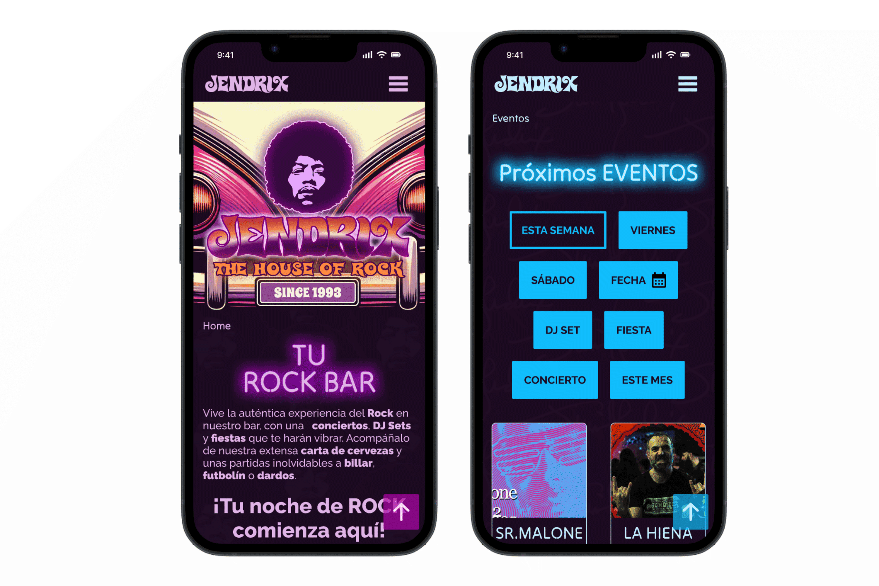 Mobile views presenting home page and events page view