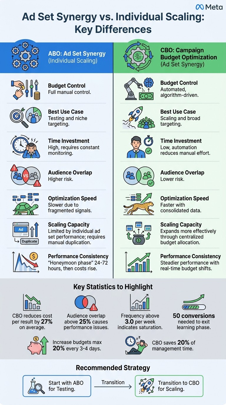 Individual Scaling (ABO) vs Ad Set Synergy (CBO) Comparison Chart