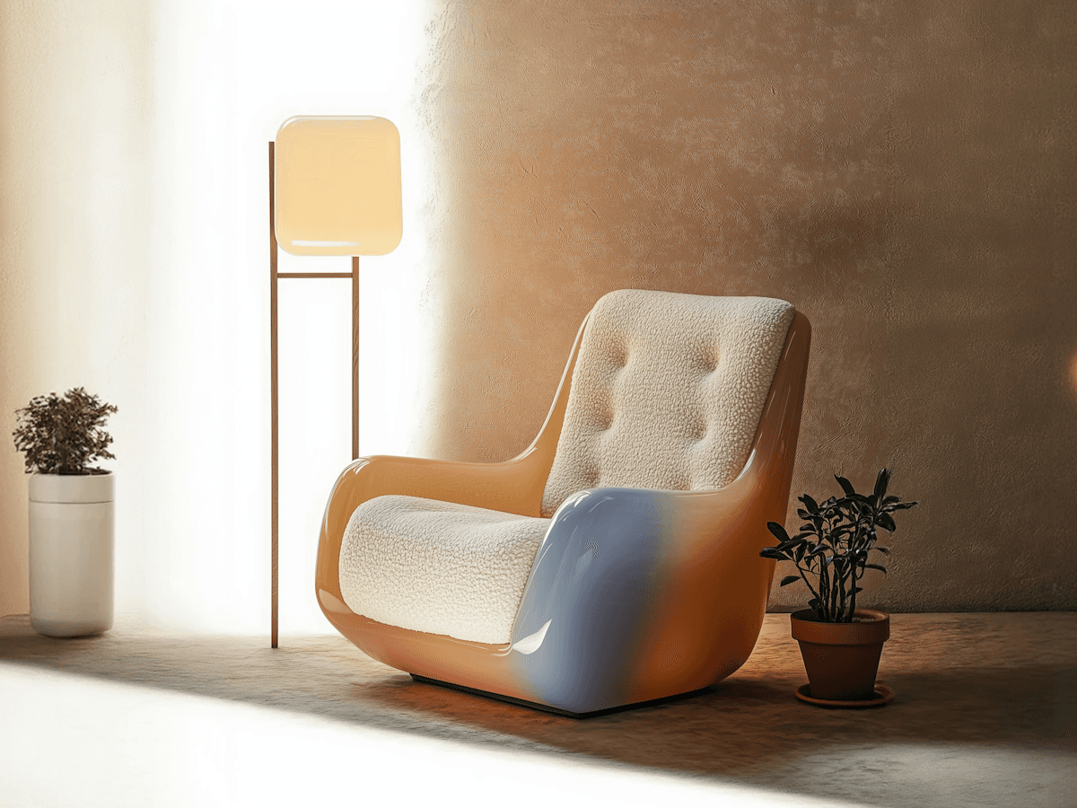 A chair and light reflection on the wall from a light on