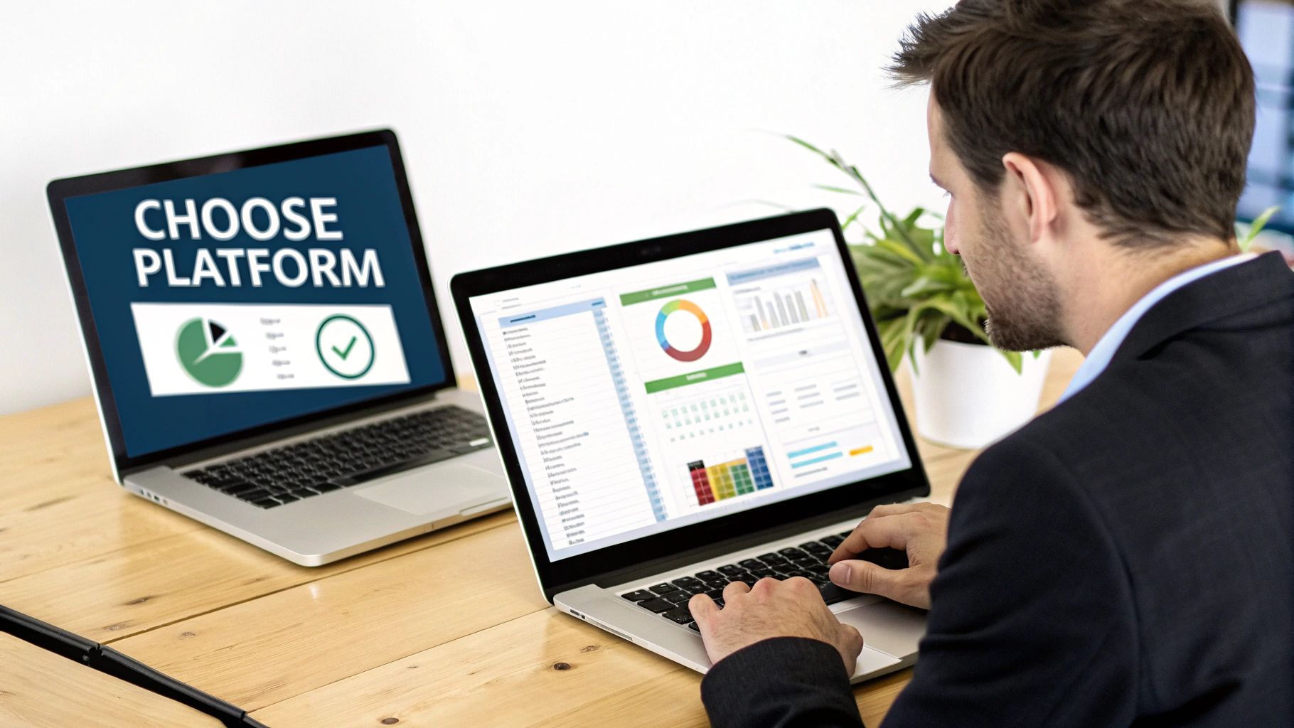 A man works on a laptop displaying data dashboards, with another laptop showing 'Choose Platform'.