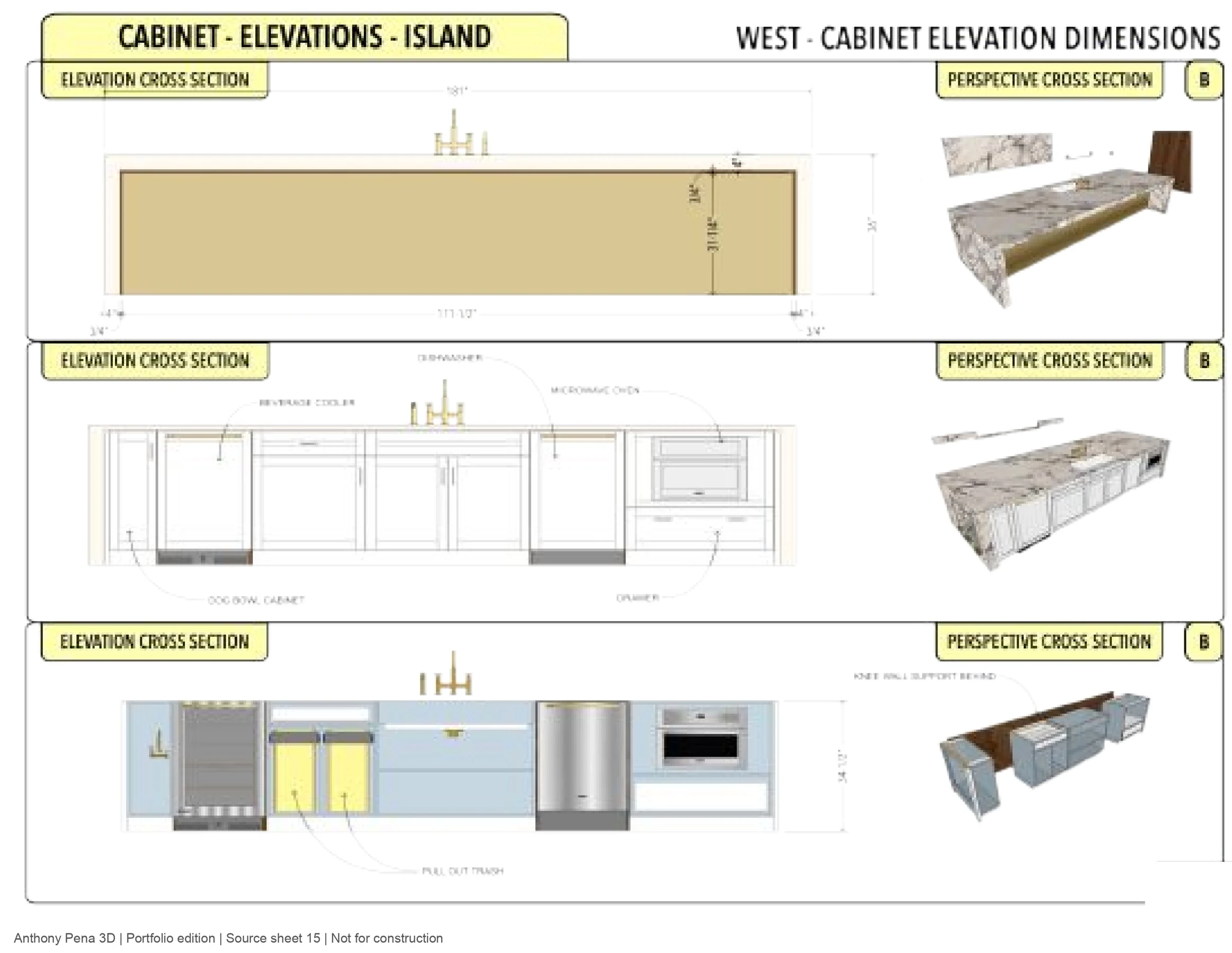 Gathering Kitchen island cabinet elevations and perspective sections, source sheet 15. Portfolio edition, not for construction.
