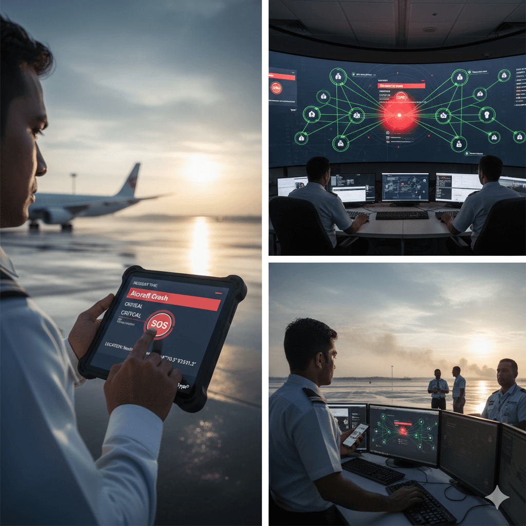 Airport staff using Tyros® mobile app for operations, incident reporting, SOS alerts, and real-time tracking