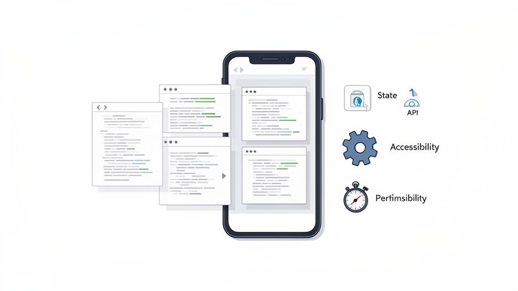 Illustration of mobile app development, showing code, a phone, state, API, accessibility, and performance.
