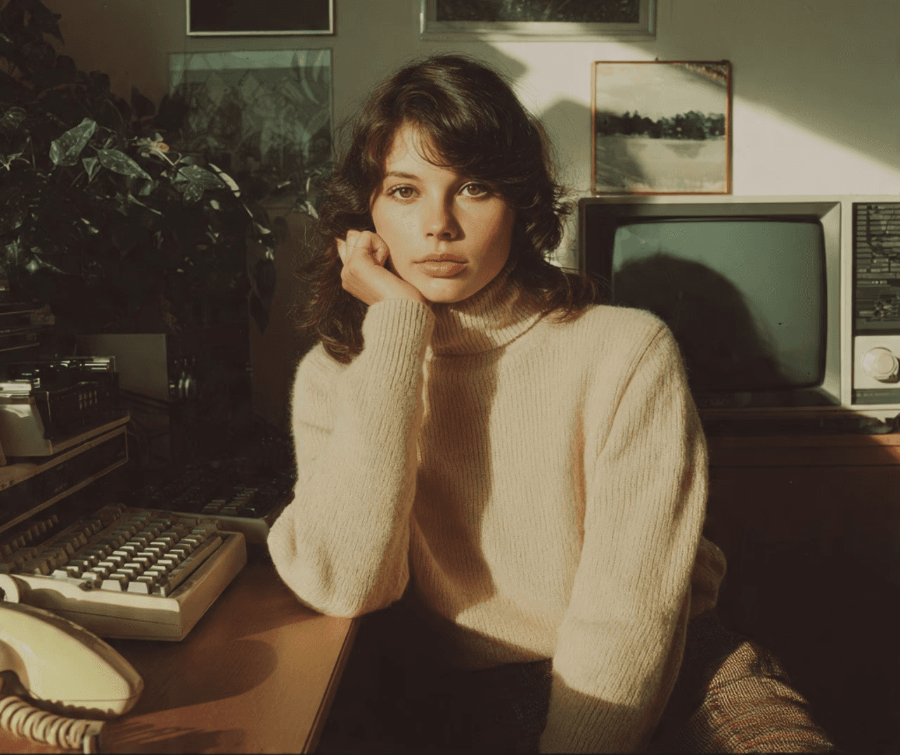 Woman in a beige turtleneck next to a vintage computer and TV.