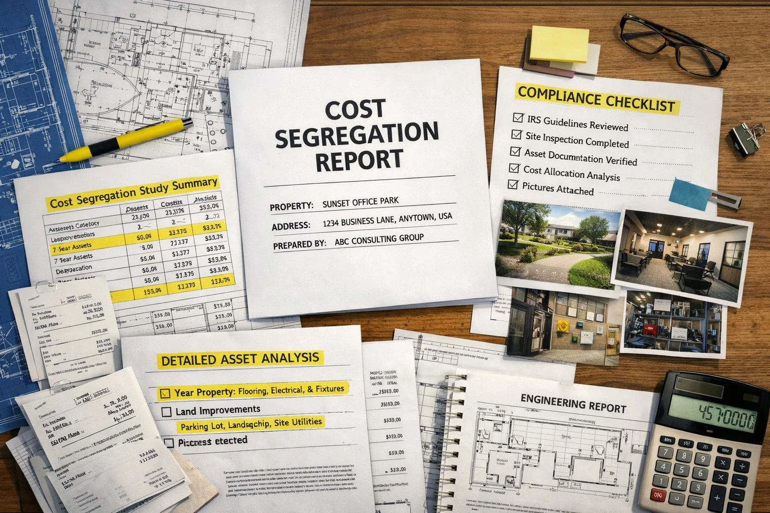 Detailed cost segregation report with highlighted documentation, architectural blueprints, and compliance checklists.