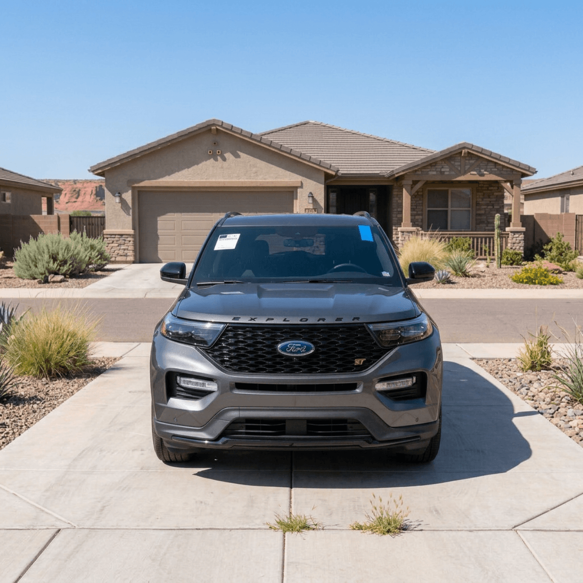 Dark gray Ford Explorer ST parked along a Nogales, Arizona street after a thorough windshield replacement