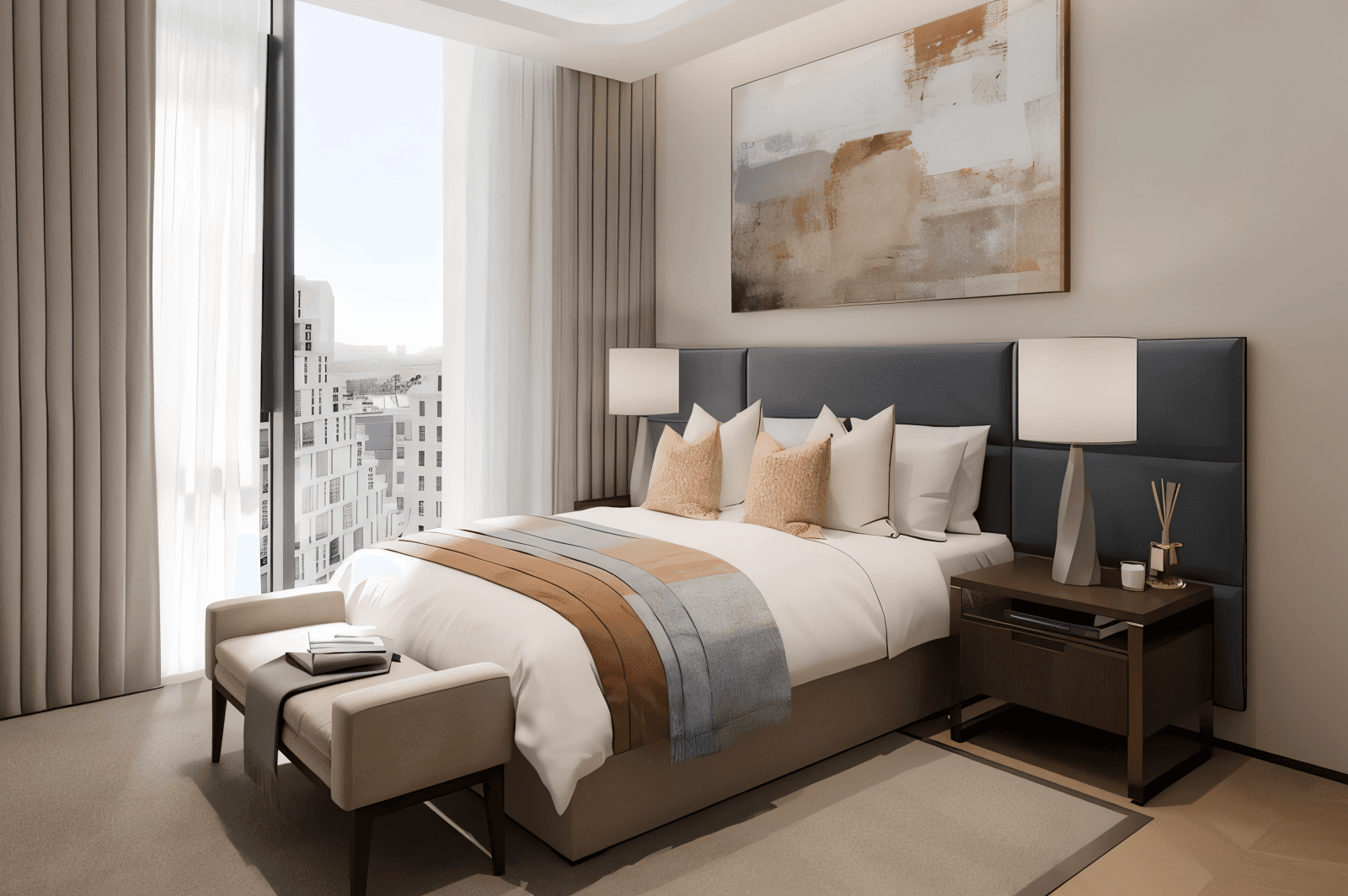 Panoramic bedroom from a Dubai luxury apartment balcony, displaying the skyline and the Reem Eight residential complex.
