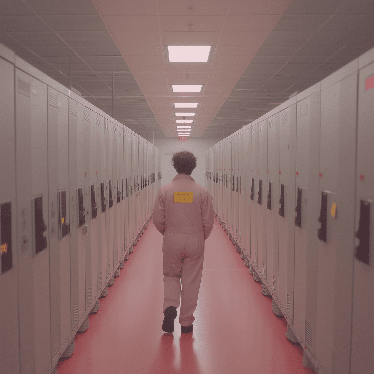 Man walking between lockers
