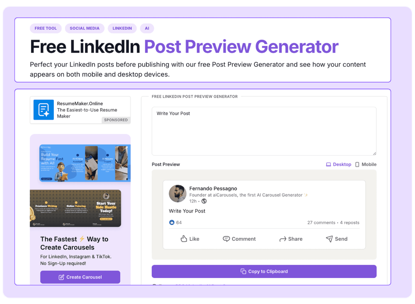 A free LinkedIn post preview generator website