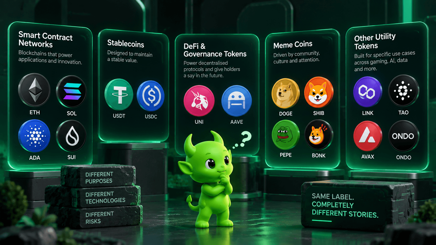 Types of altcoins including smart contract networks, stablecoins, DeFi tokens, governance tokens and meme coins