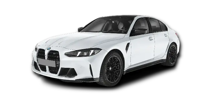 White BMW M3 Competition G80 sedan with black kidney grille and performance wheels.