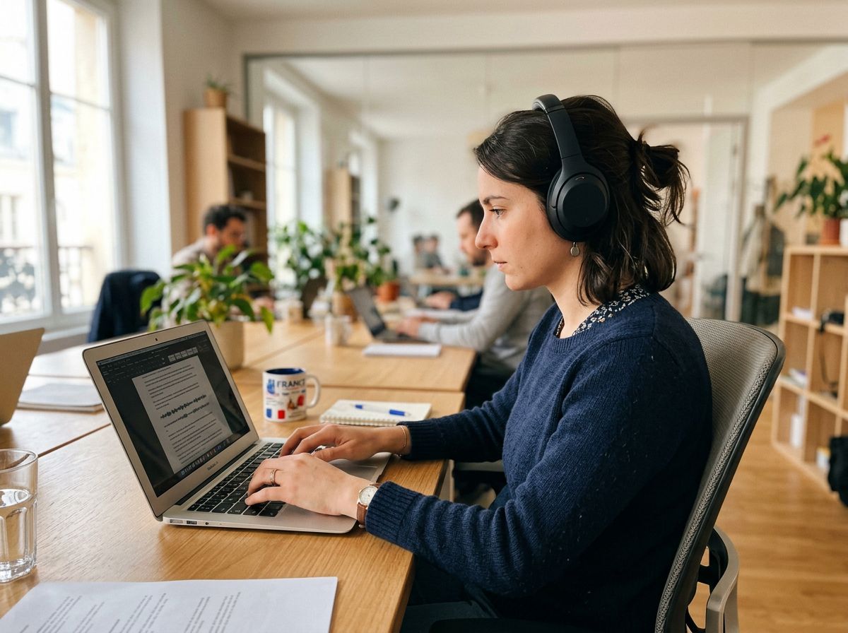 Transcriptrice Loiretel au casque retranscrivant un enregistrement sur ordinateur