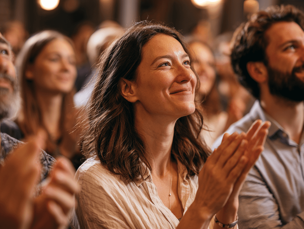 a woman cheering with tears in her eyes