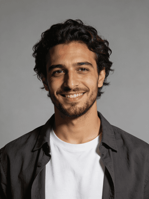 Portrait of a smiling man with curly hair and light stubble wearing a white T-shirt and dark overshirt against a gray background.
