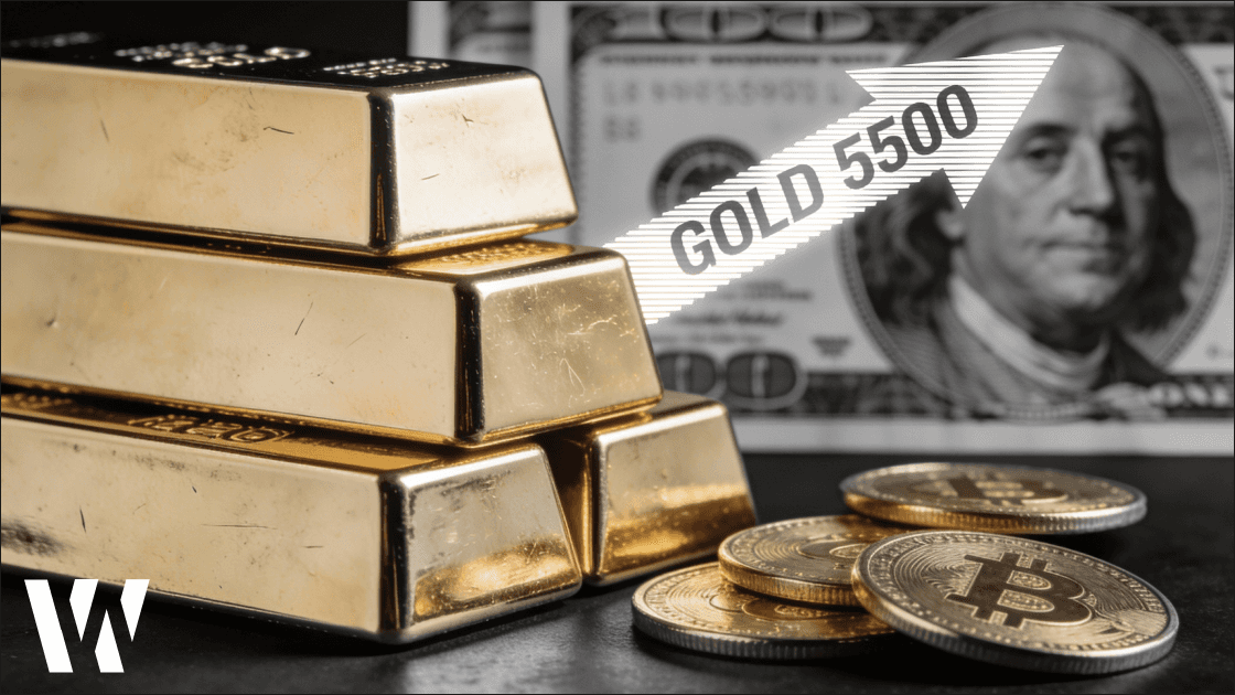 Black-and-white macro photo of stacked gold bars and coins, symbolizing gold breaking above $5,500 in January 2026.
