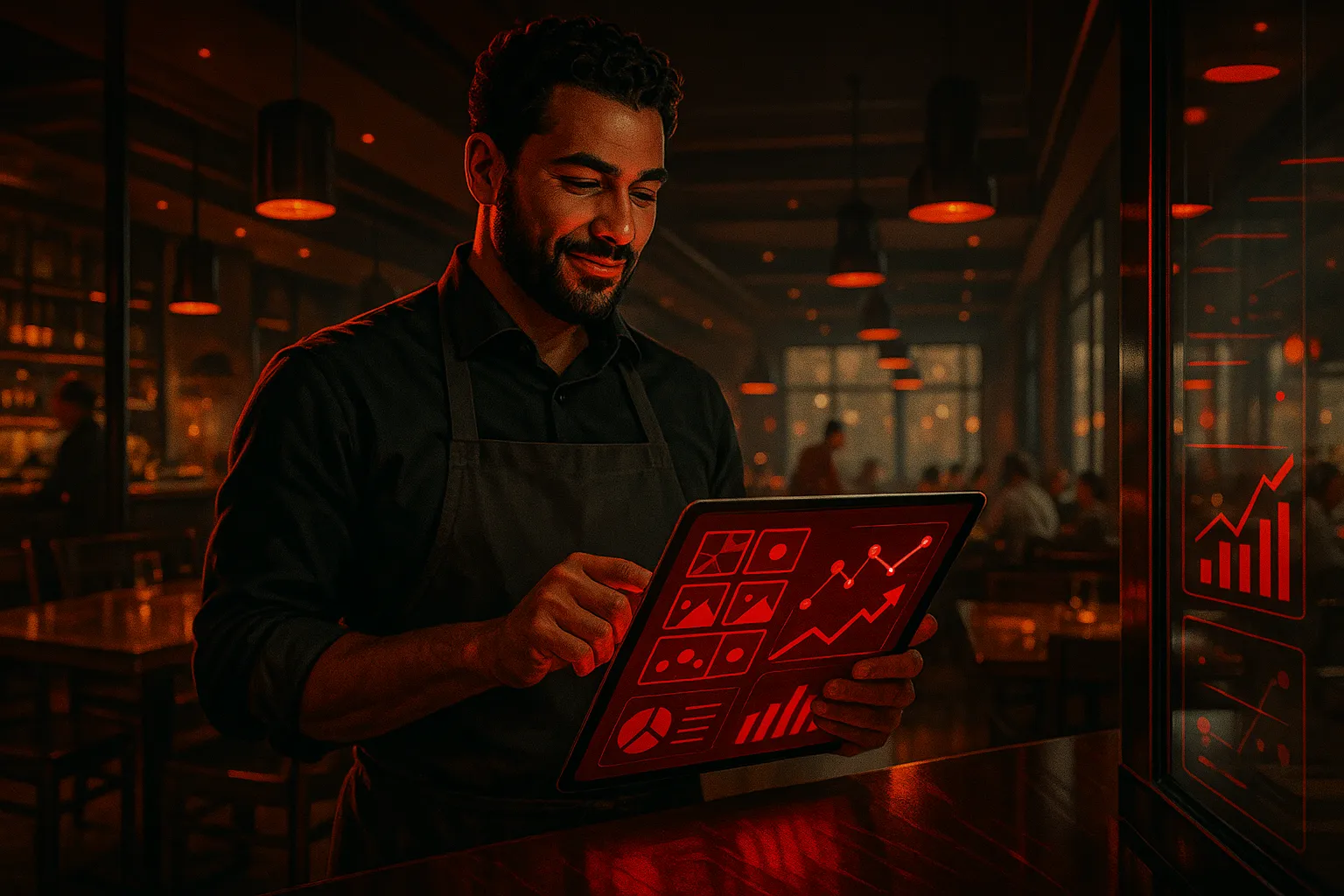 Man using a tablet for RockN' Socials digital marketing insights.