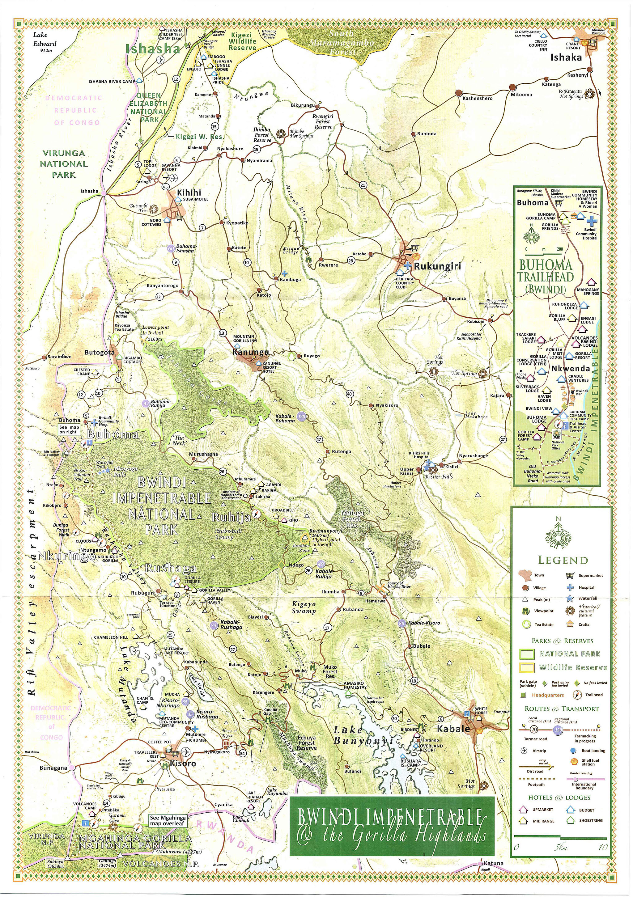 A map showing Bwindi Impenetrable National Park and the gorilla highlands