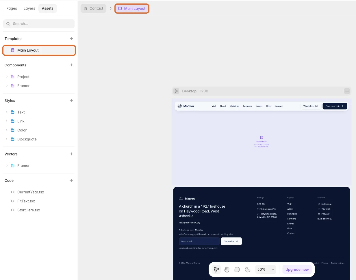Framer Assets panel with the Main Layout template open, showing header and footer