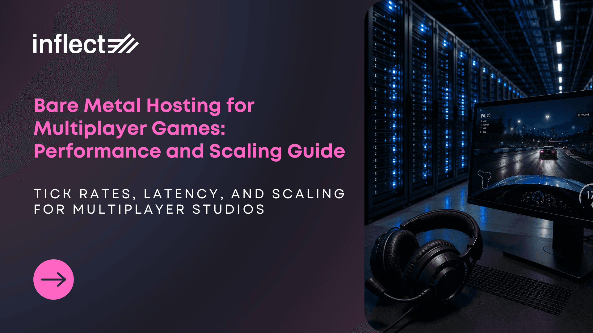 Blog post cover image for 'Bare Metal Hosting for Multiplayer Games: Performance and Scaling Guide' by Inflect, showing a racing game on a monitor with a gaming headset in the foreground and a blue-lit data center server corridor in the background.