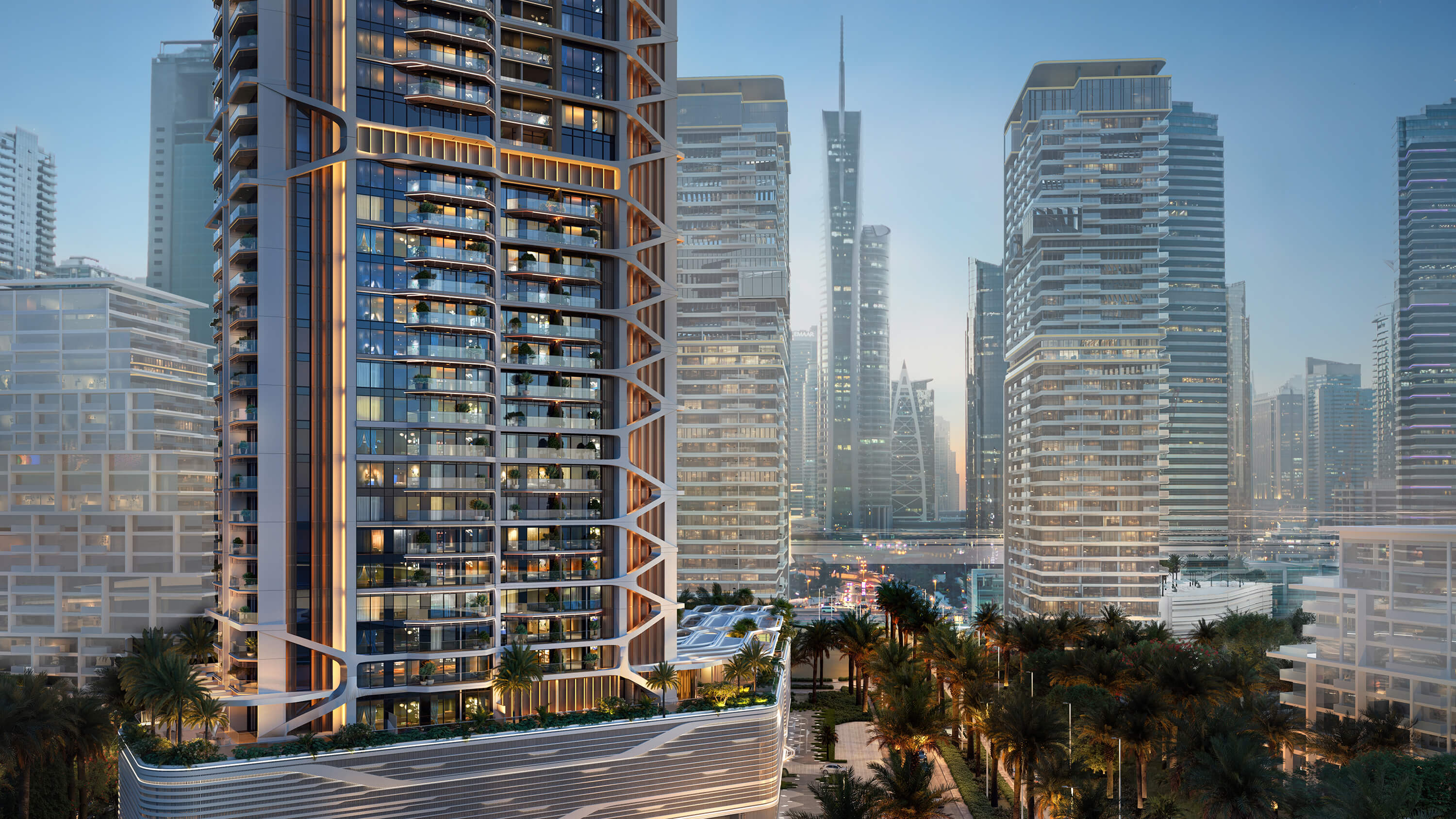 The construction site of Eltiera Views, the tallest building in Dubai, features cranes and scaffolding against the skyline.