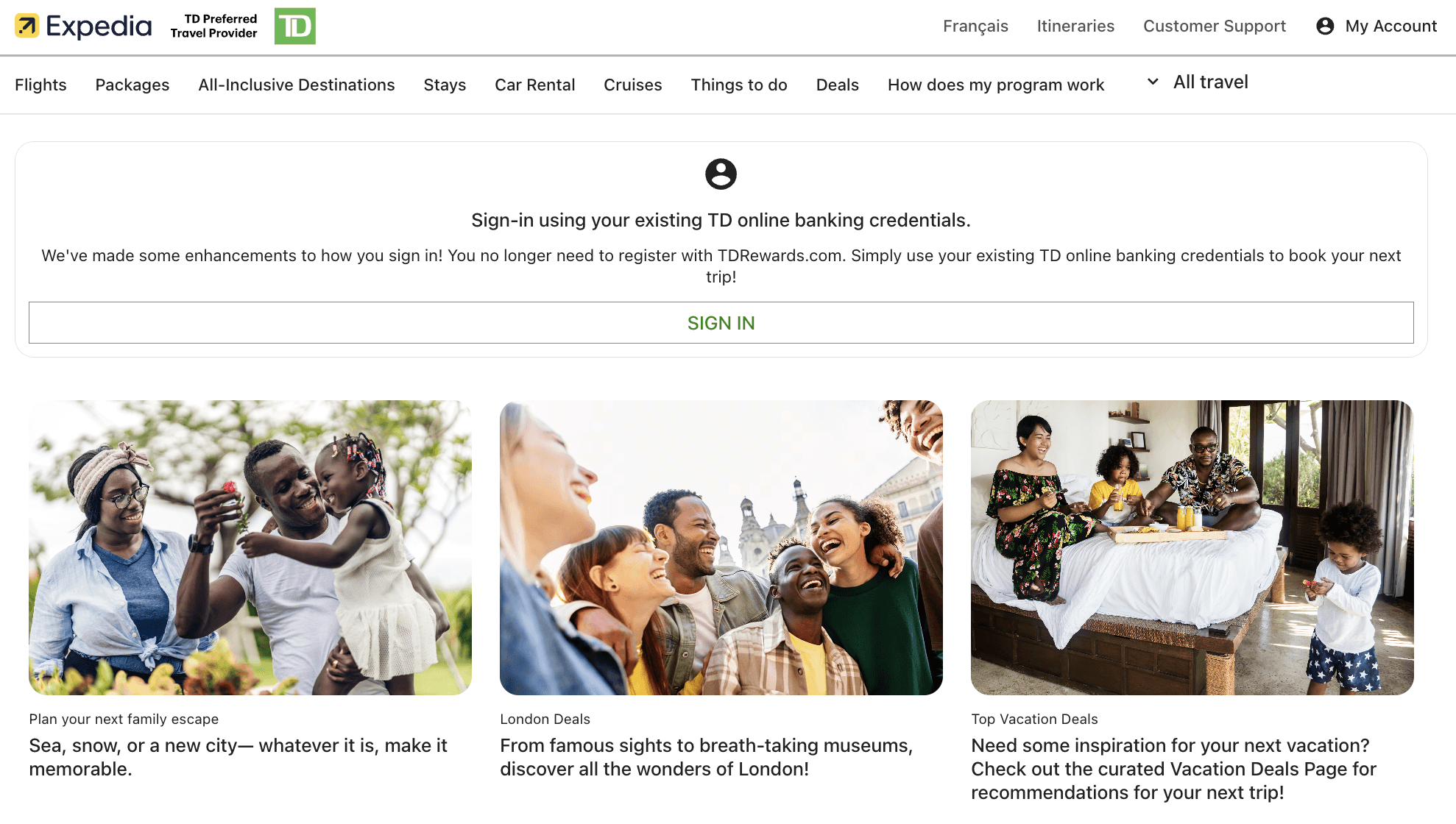The Expedia for TD homepage