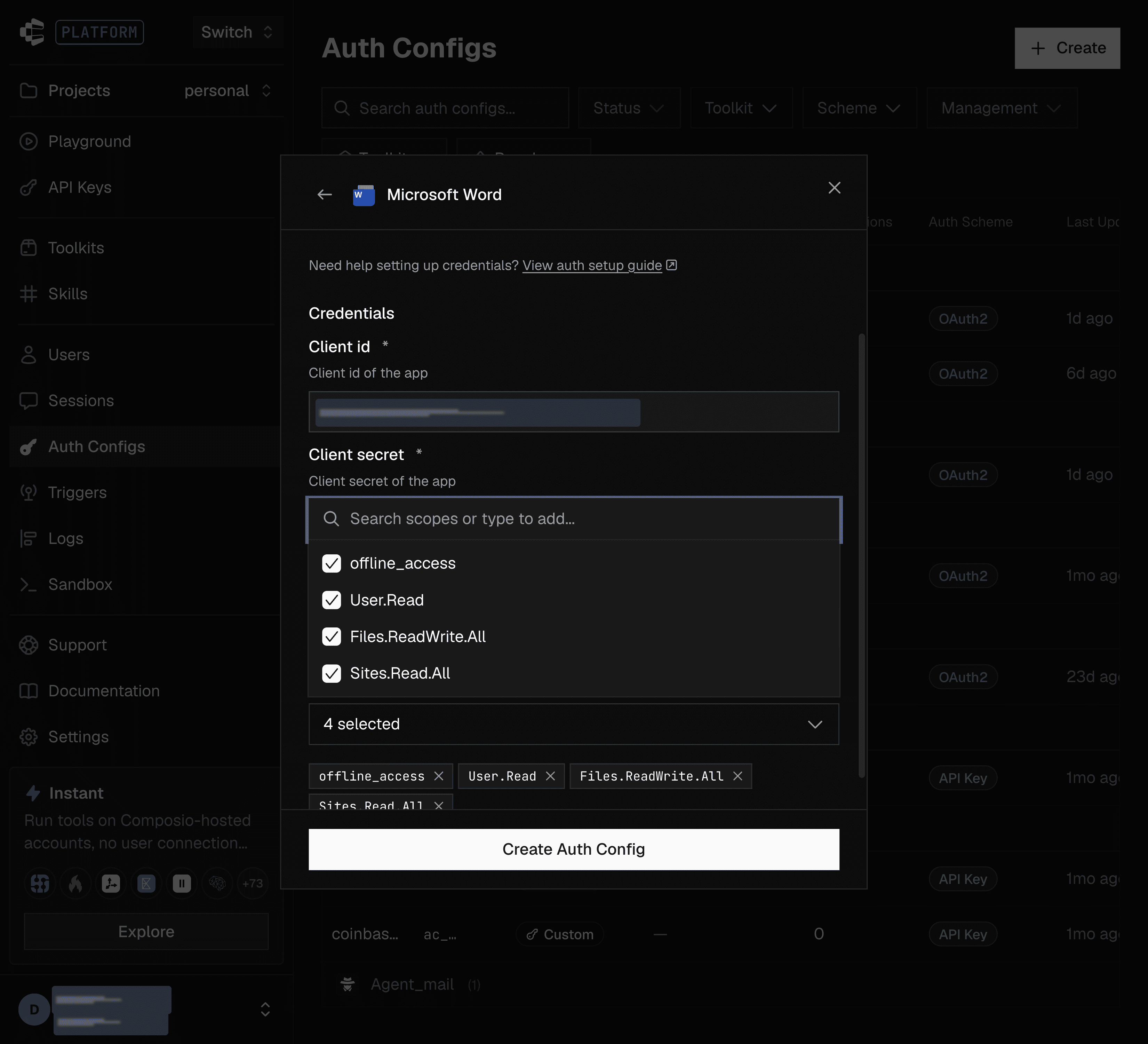 Credentials and scopes entered before creating the auth config