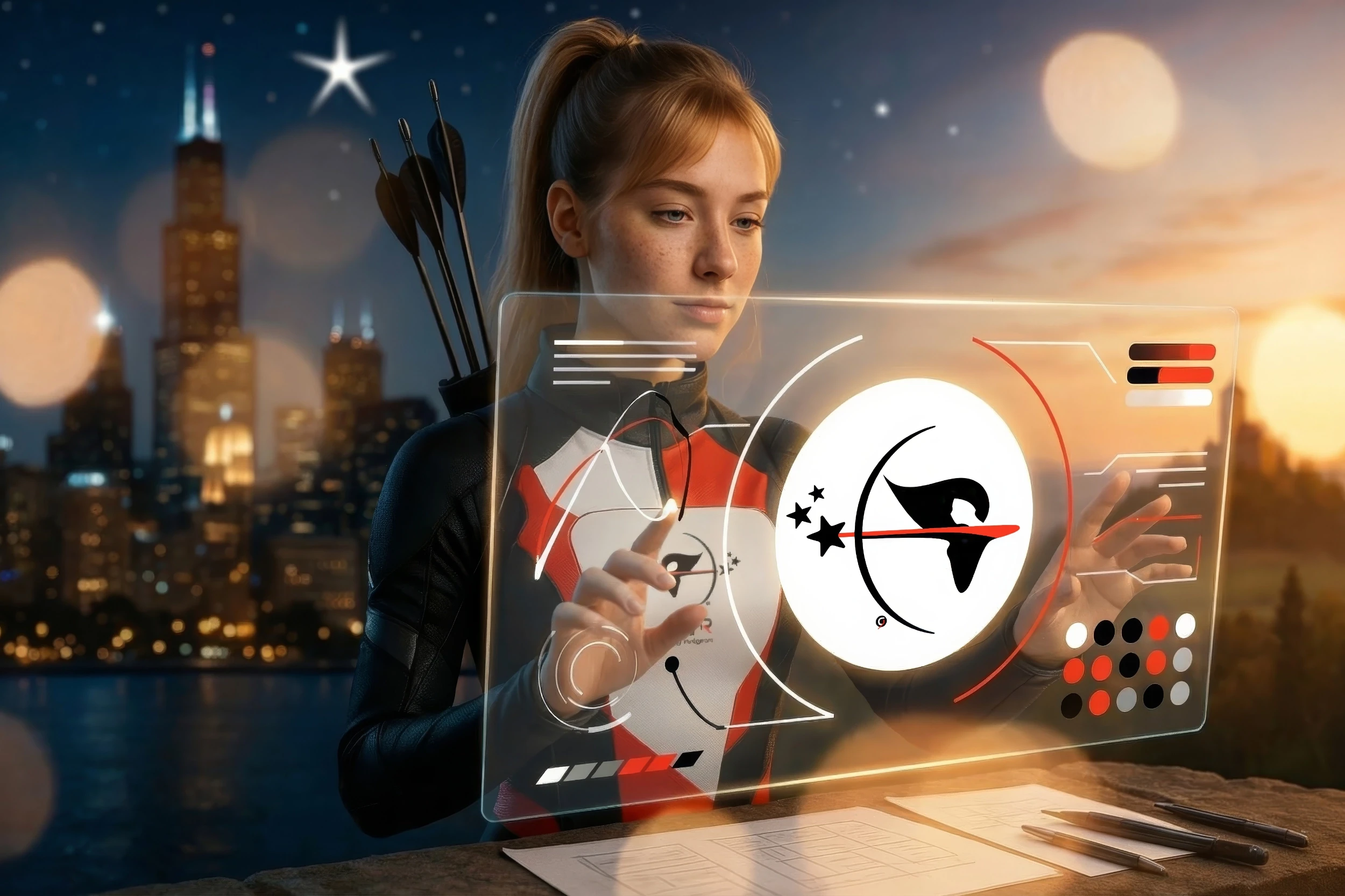 Die Bogenschützin als personifiziertes Markenmotiv entwickelt und steuert eine visuelle Markenidentität über ein digitales Interface.