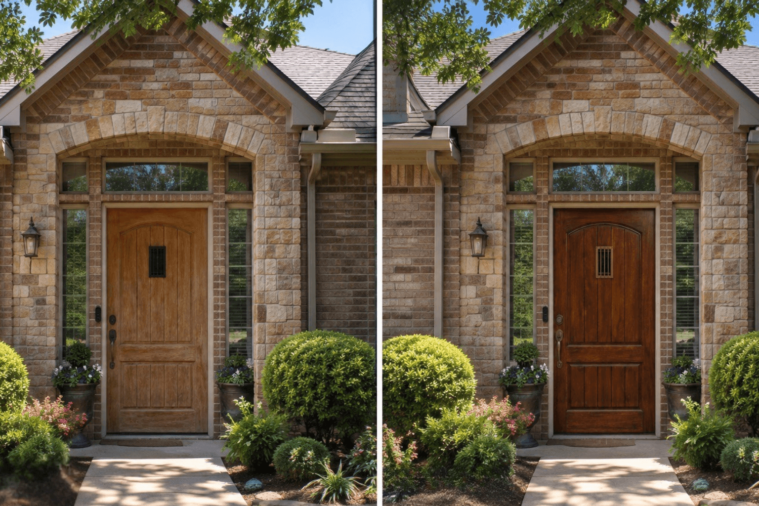 A side-by-side before and after image of a refinished door