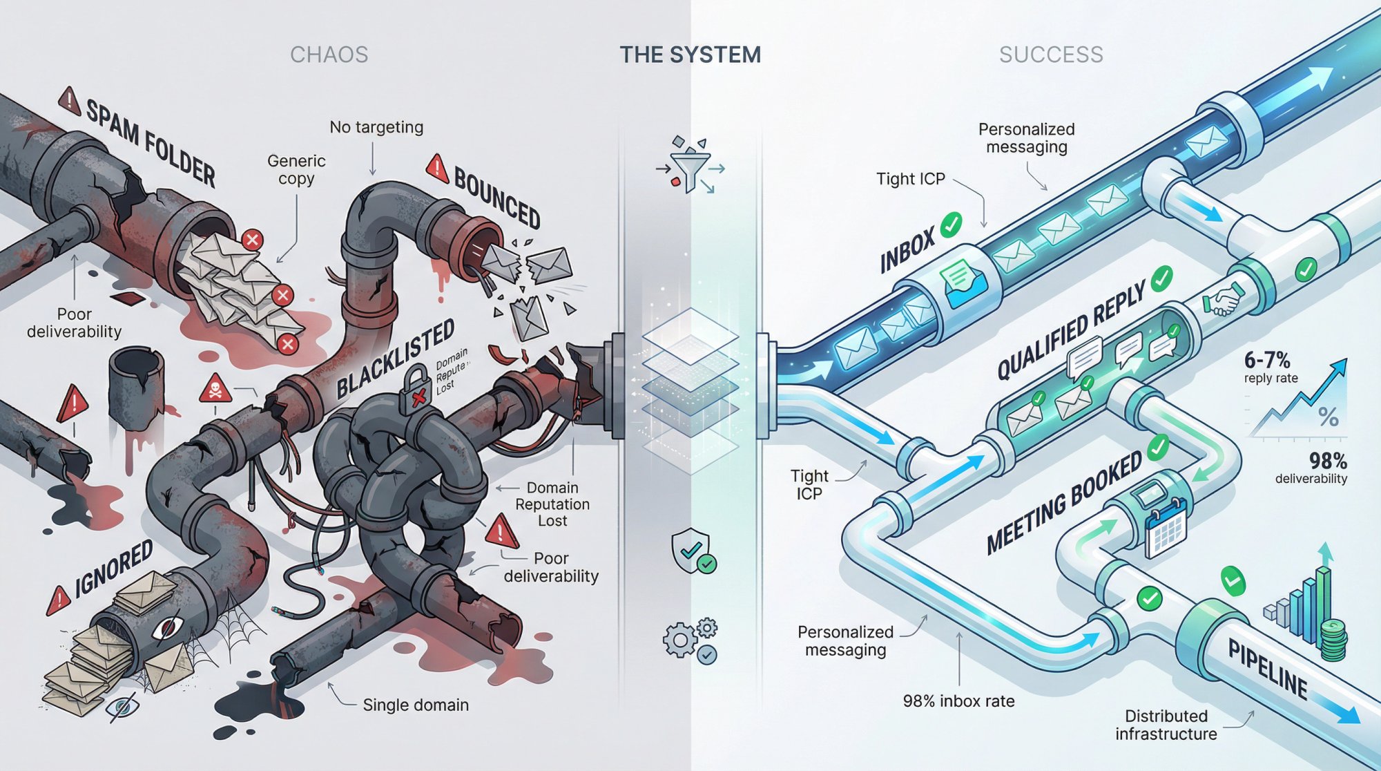 Visual metaphor showing transformation from chaotic broken cold email infrastructure to organized systematic outreach machine