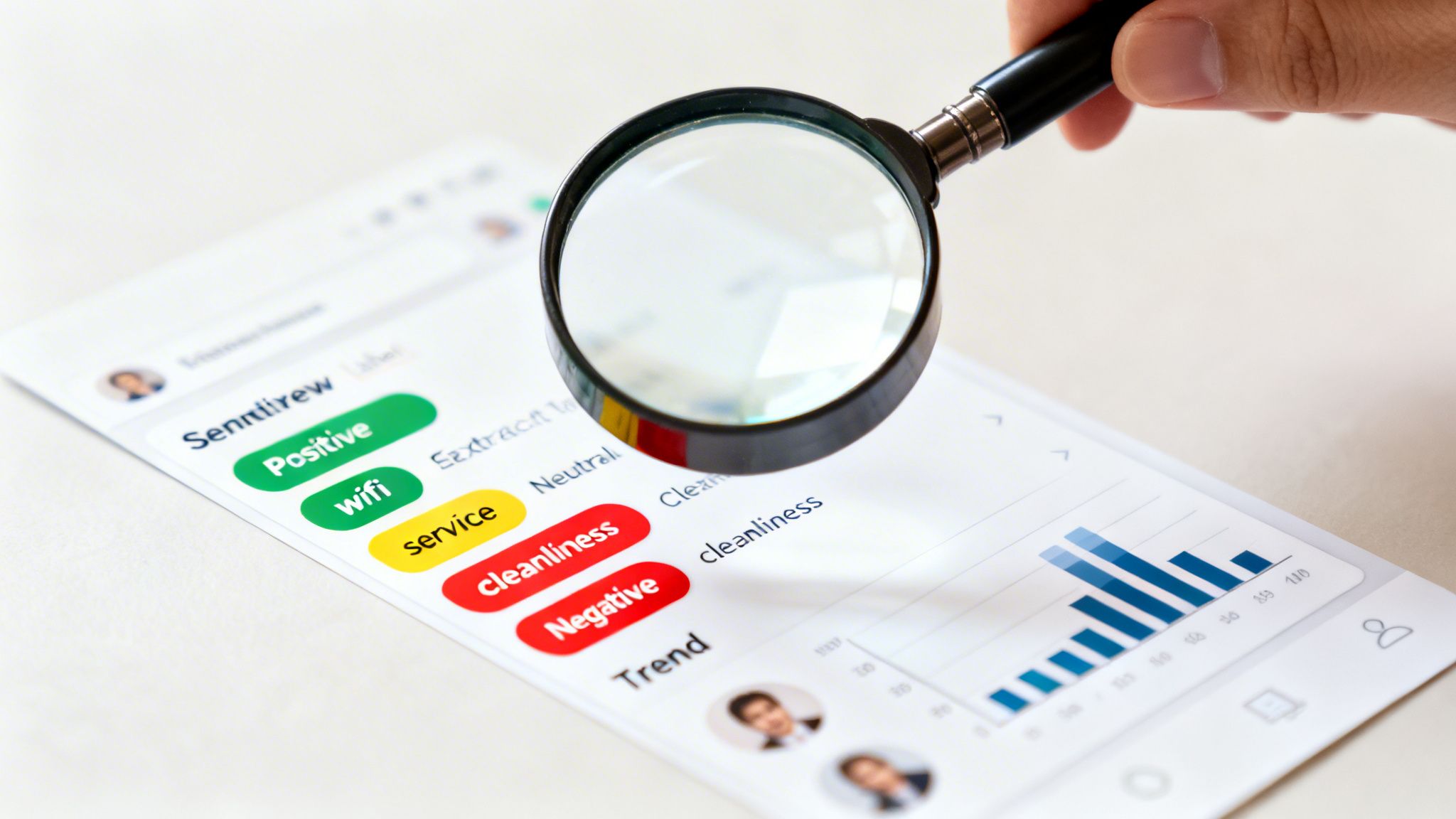 A magnifying glass inspecting a mobile app displaying sentiment analysis data with various labels.