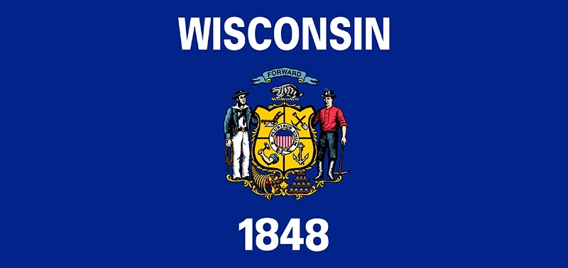 The Wisconsin state flag features a blue background with "Wisconsin" above the state coat of arms and "1848" below, symbolizing state pride. Fincast mortgage shopping