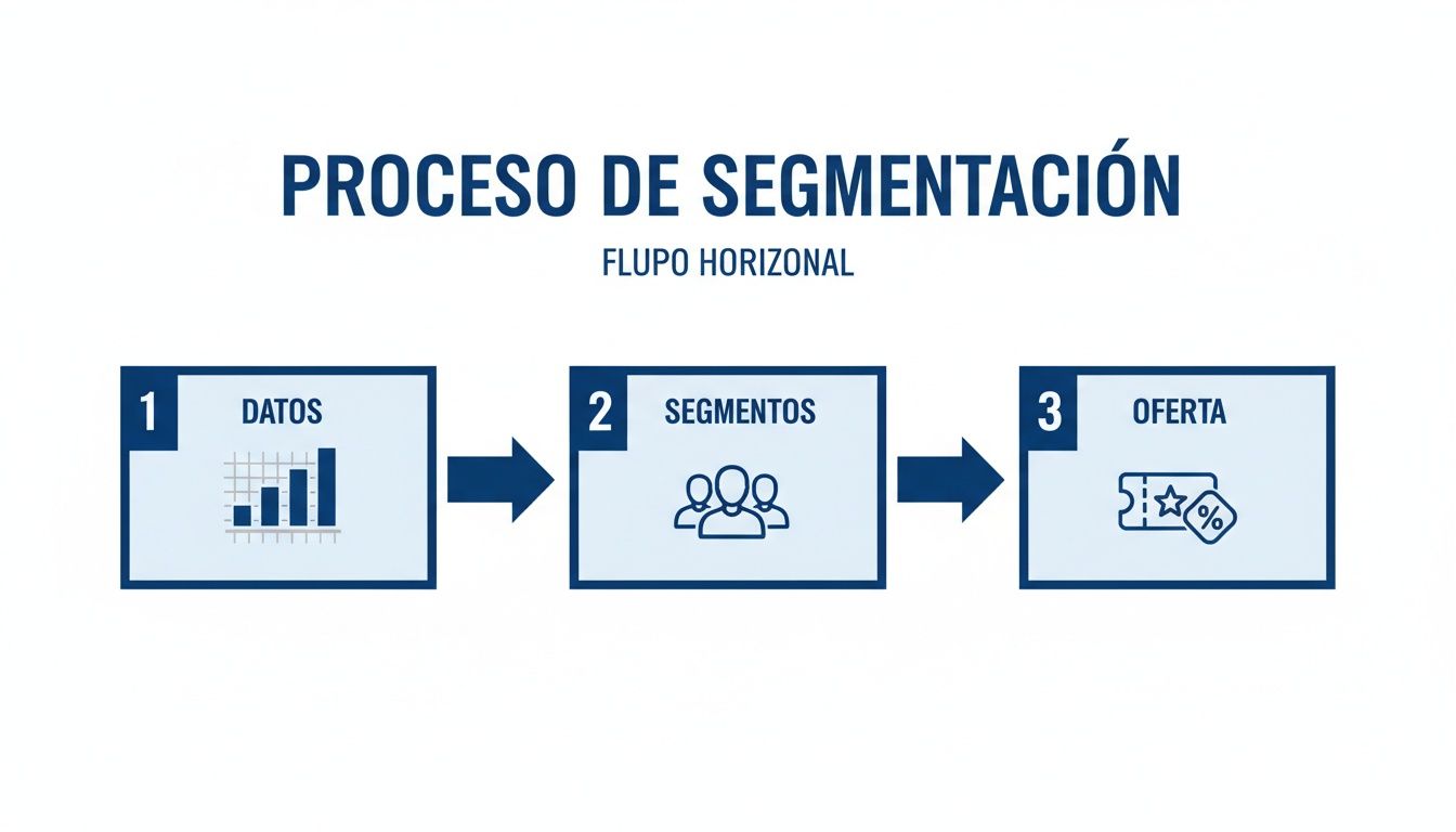Diagrama de flujo horizontal que ilustra el proceso de segmentación: datos, segmentos y oferta.